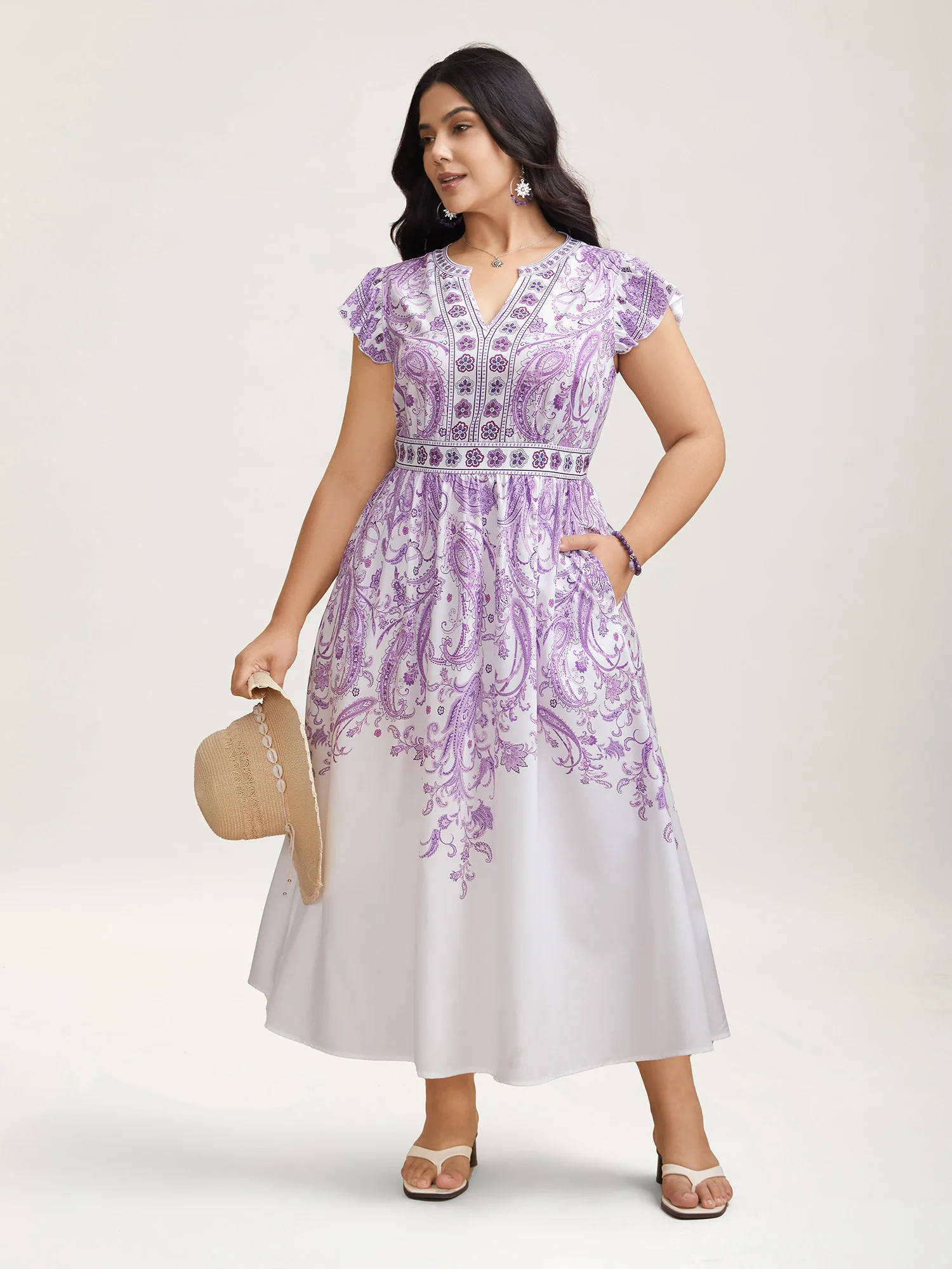 Paisley Print Notched Collar Ruffled Midi Dress - Image 2