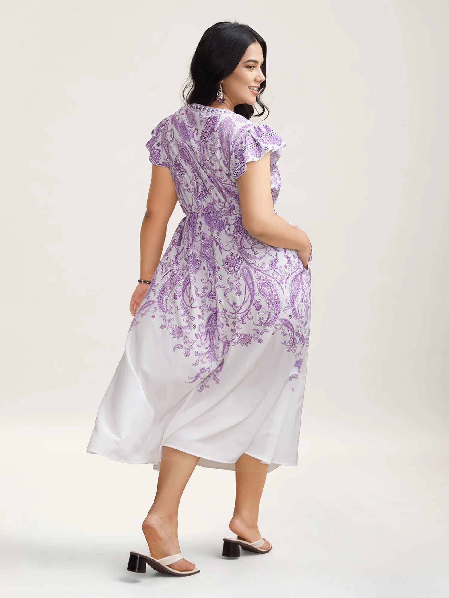 Paisley Print Notched Collar Ruffled Midi Dress - Image 4