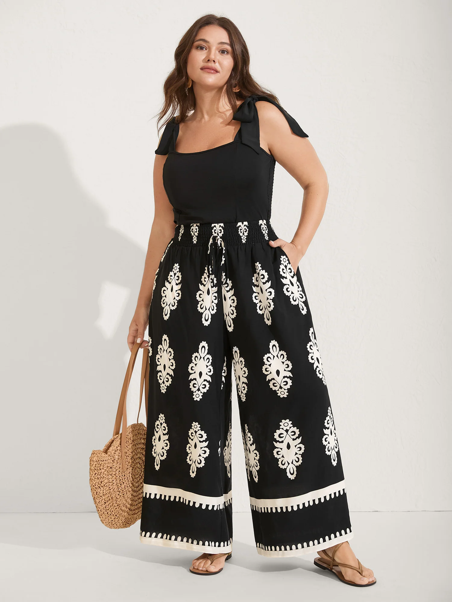 Ornate Print Shirred Wide-Leg Pants - Image 2