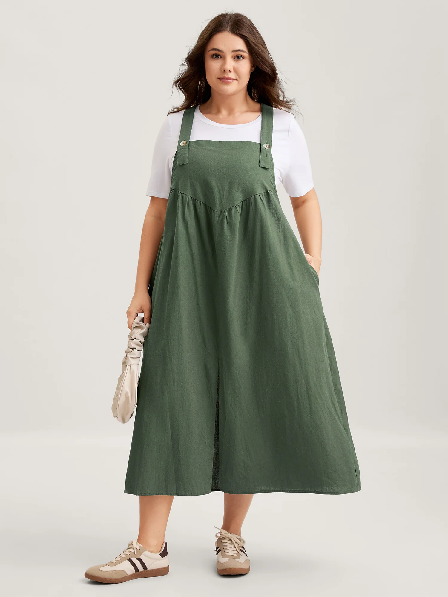 Overall Straps Front Slit Pockets Midi Dress - Image 4