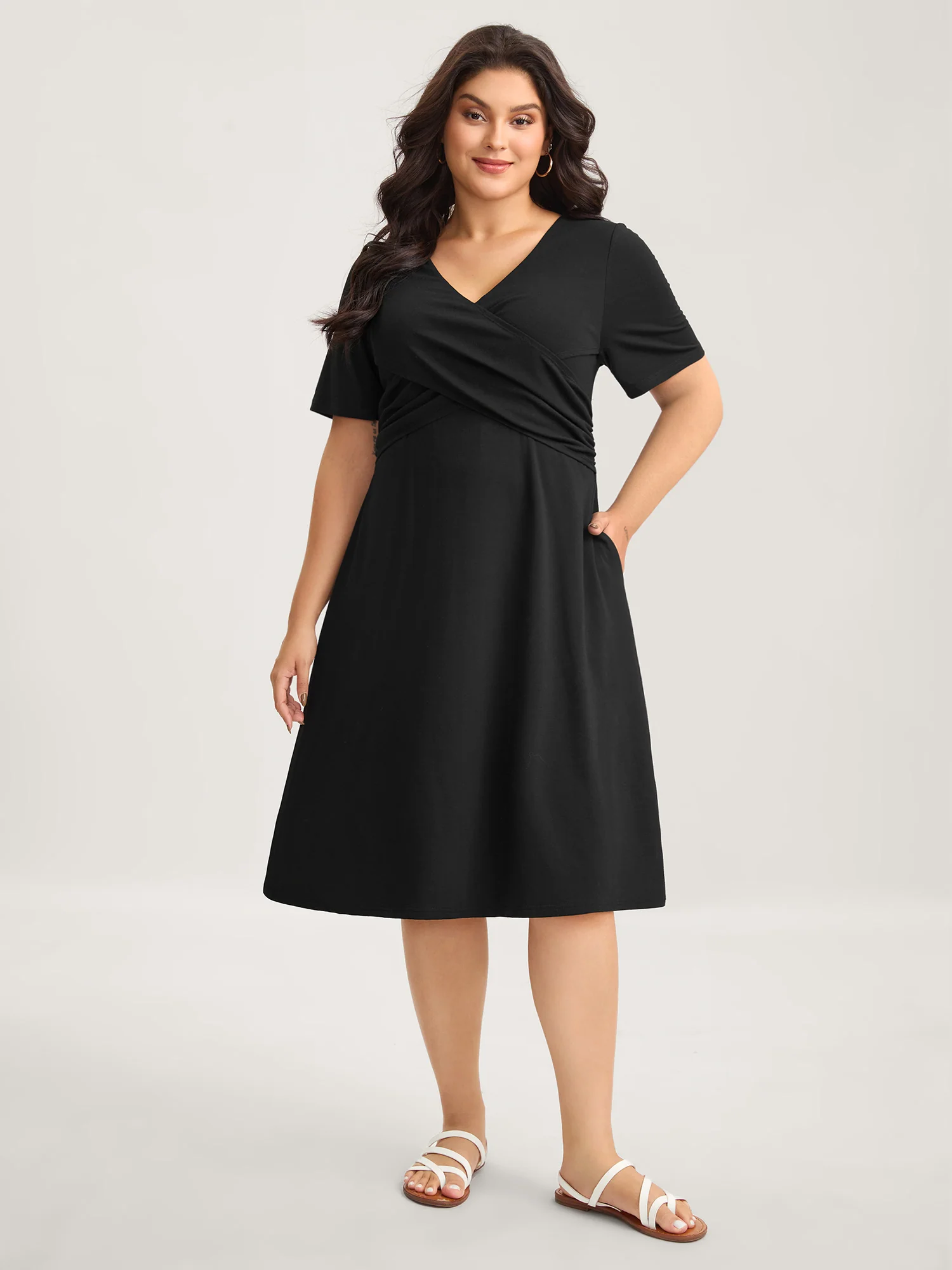 Overlap Bodice Solid Knit Pockets Midi Dress - Image 2
