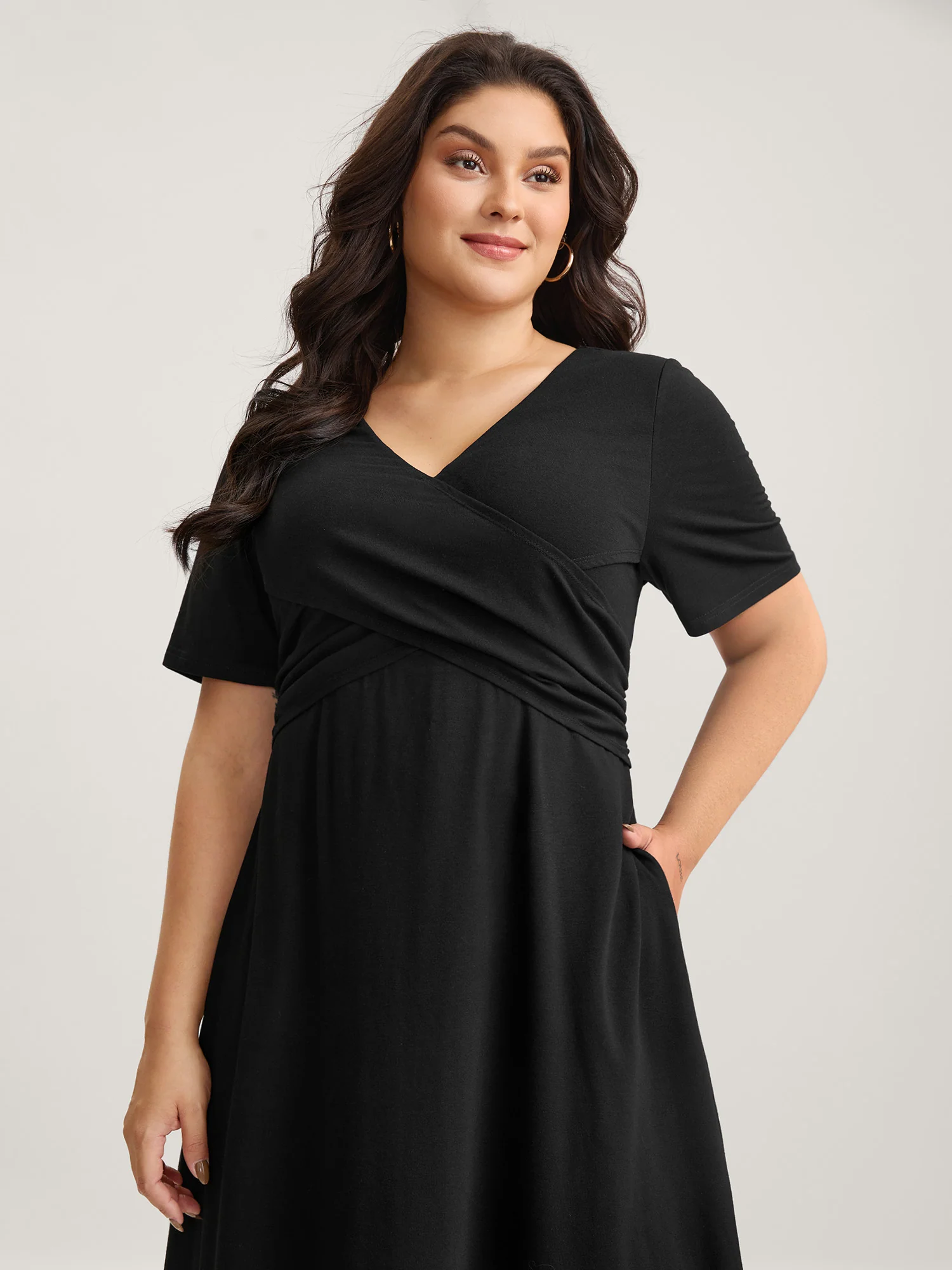 Overlap Bodice Solid Knit Pockets Midi Dress - Image 4