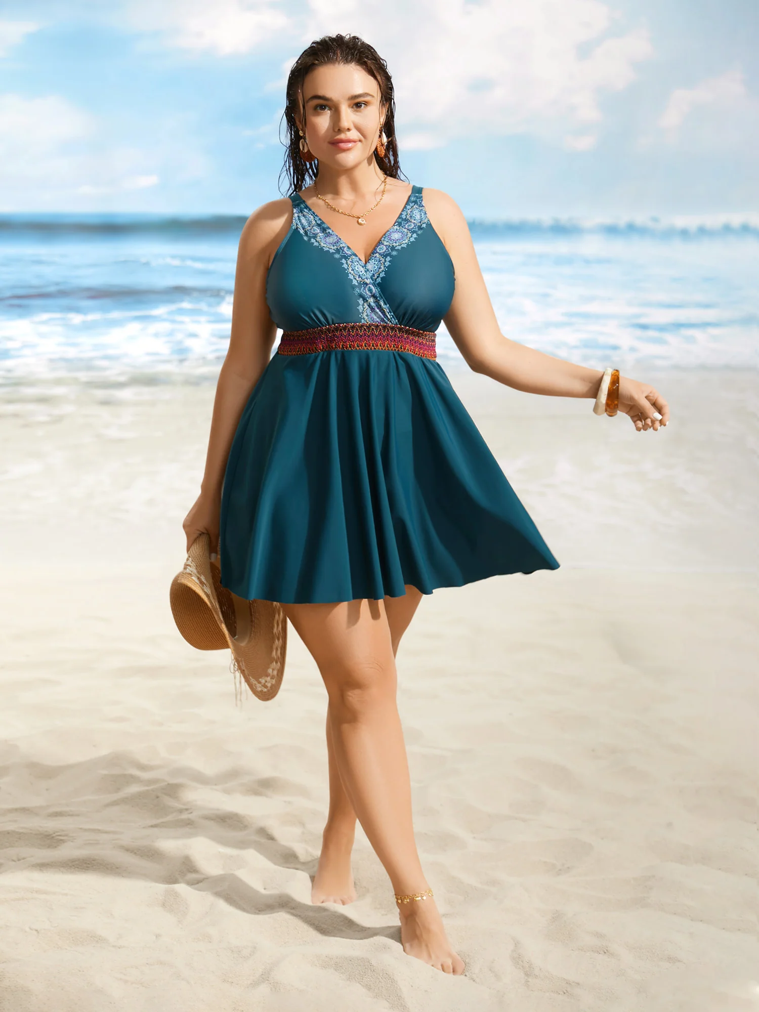 Overlap Collar Bandana Print Contrast Webbing Swim Dress - Image 3