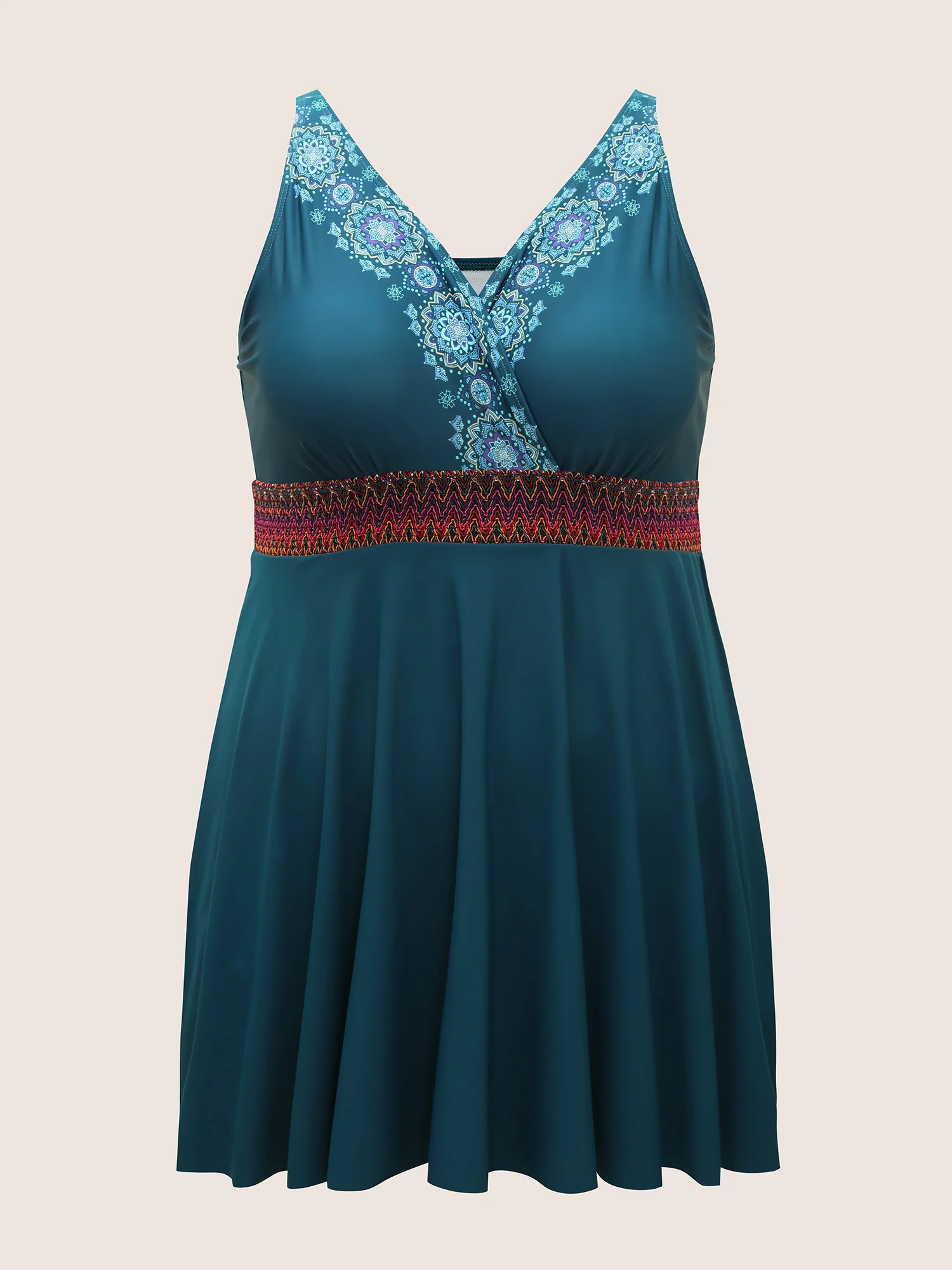 Overlap Collar Bandana Print Contrast Webbing Swim Dress - Image 7