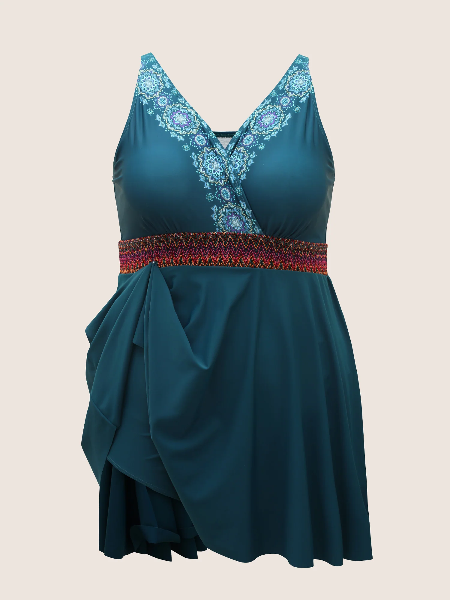 Overlap Collar Bandana Print Contrast Webbing Swim Dress - Image 8