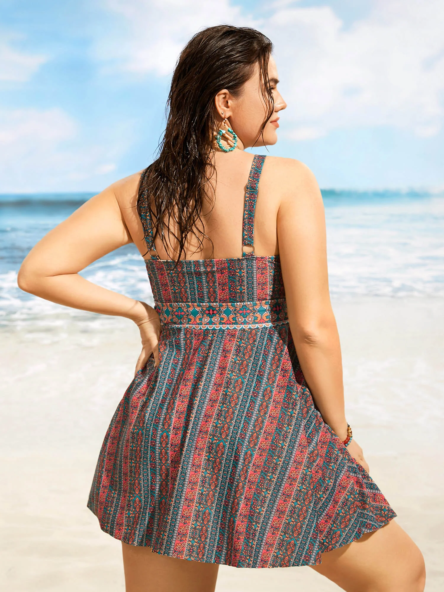 Overlap Collar Bandana Print Patchwork Swim Dress - Image 2