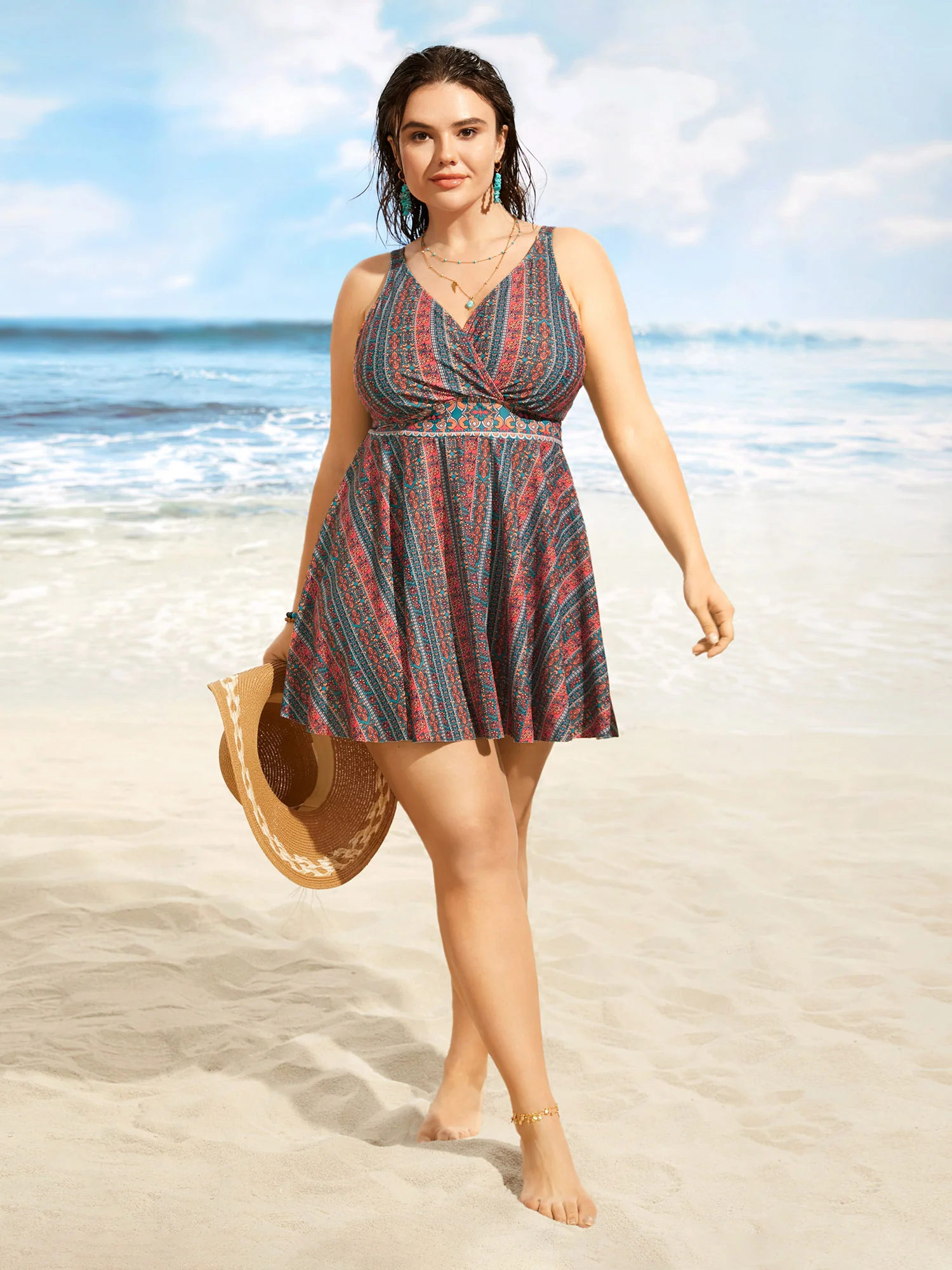 Overlap Collar Bandana Print Patchwork Swim Dress - Image 3