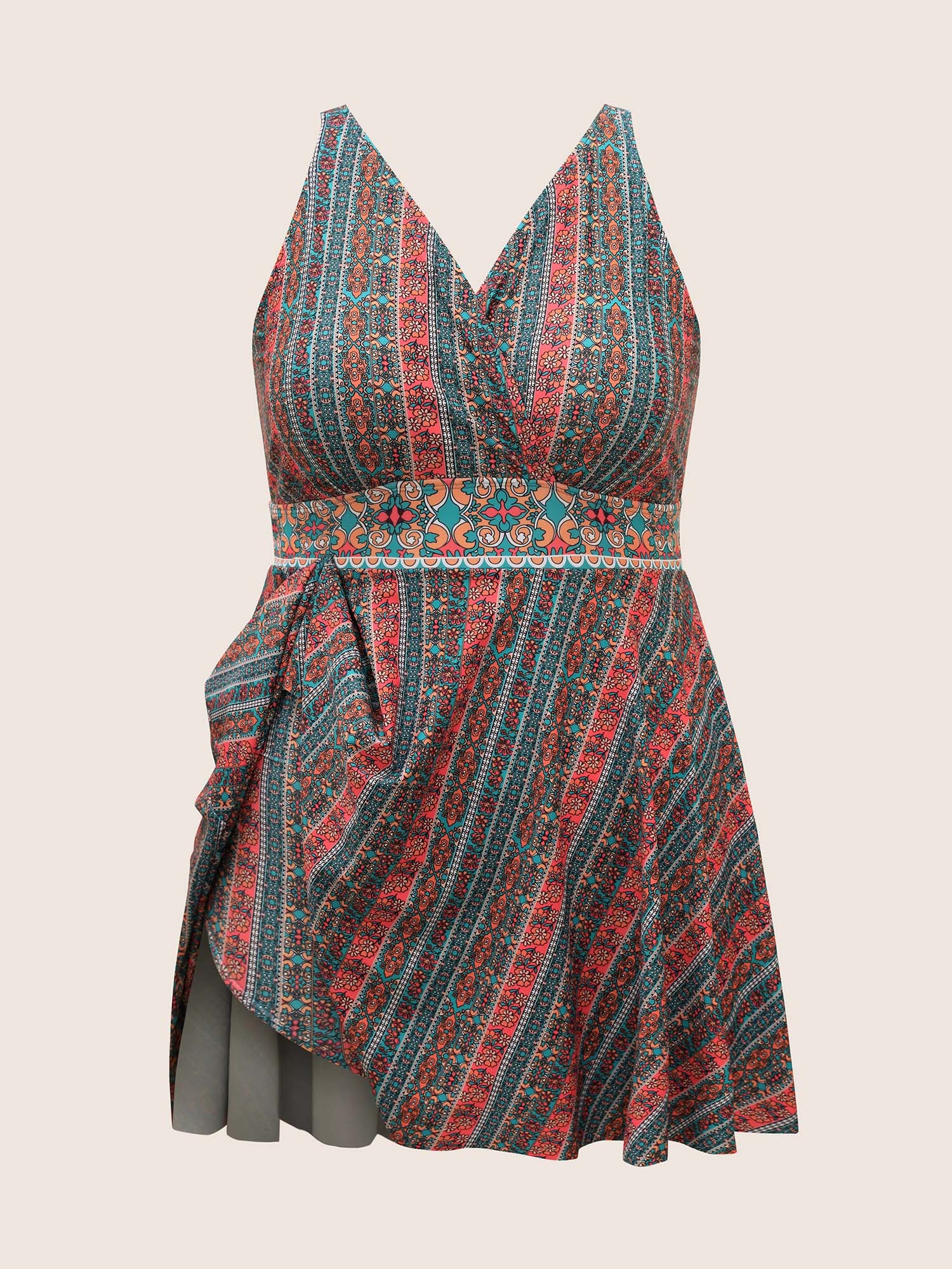 Overlap Collar Bandana Print Patchwork Swim Dress - Image 7