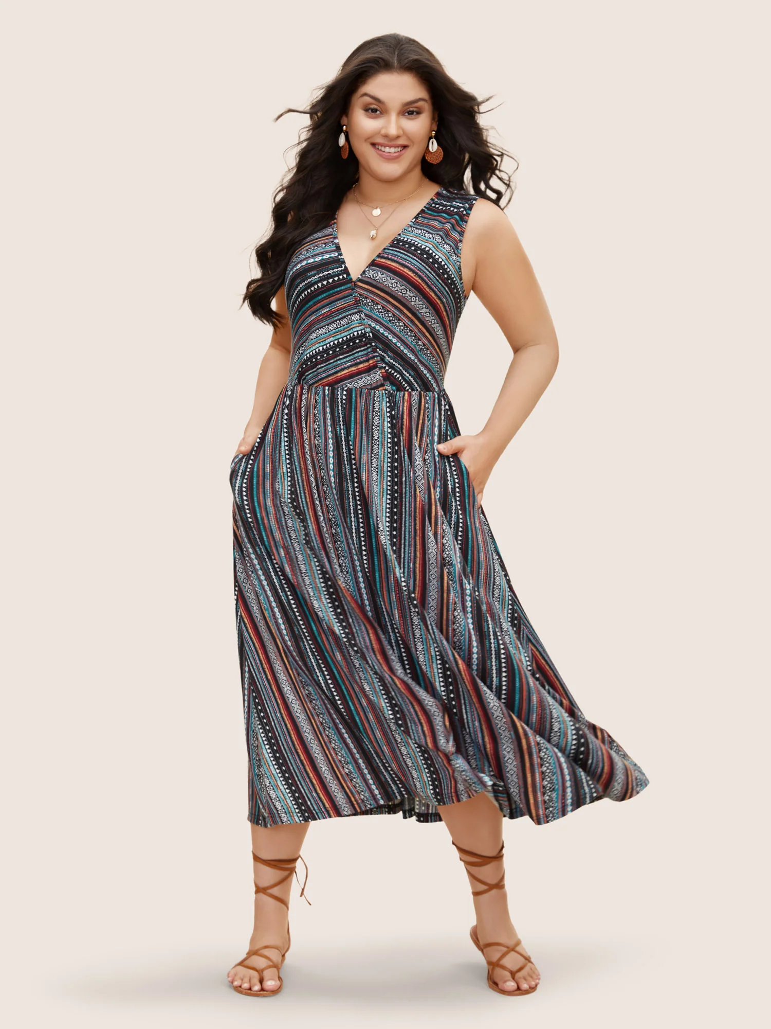 Overlap Collar Bandana Striped Sleeveless Dress - Image 3