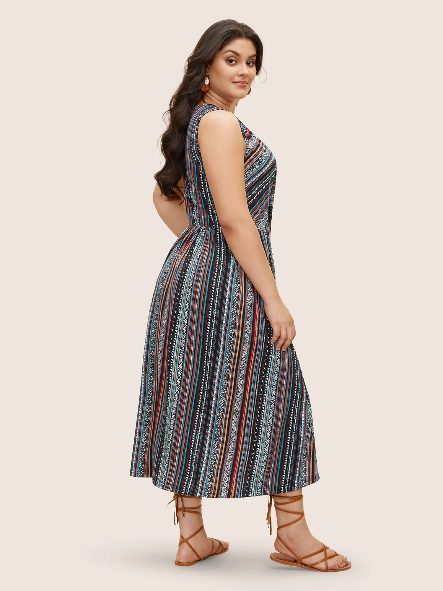 Overlap Collar Bandana Striped Sleeveless Dress - Image 4