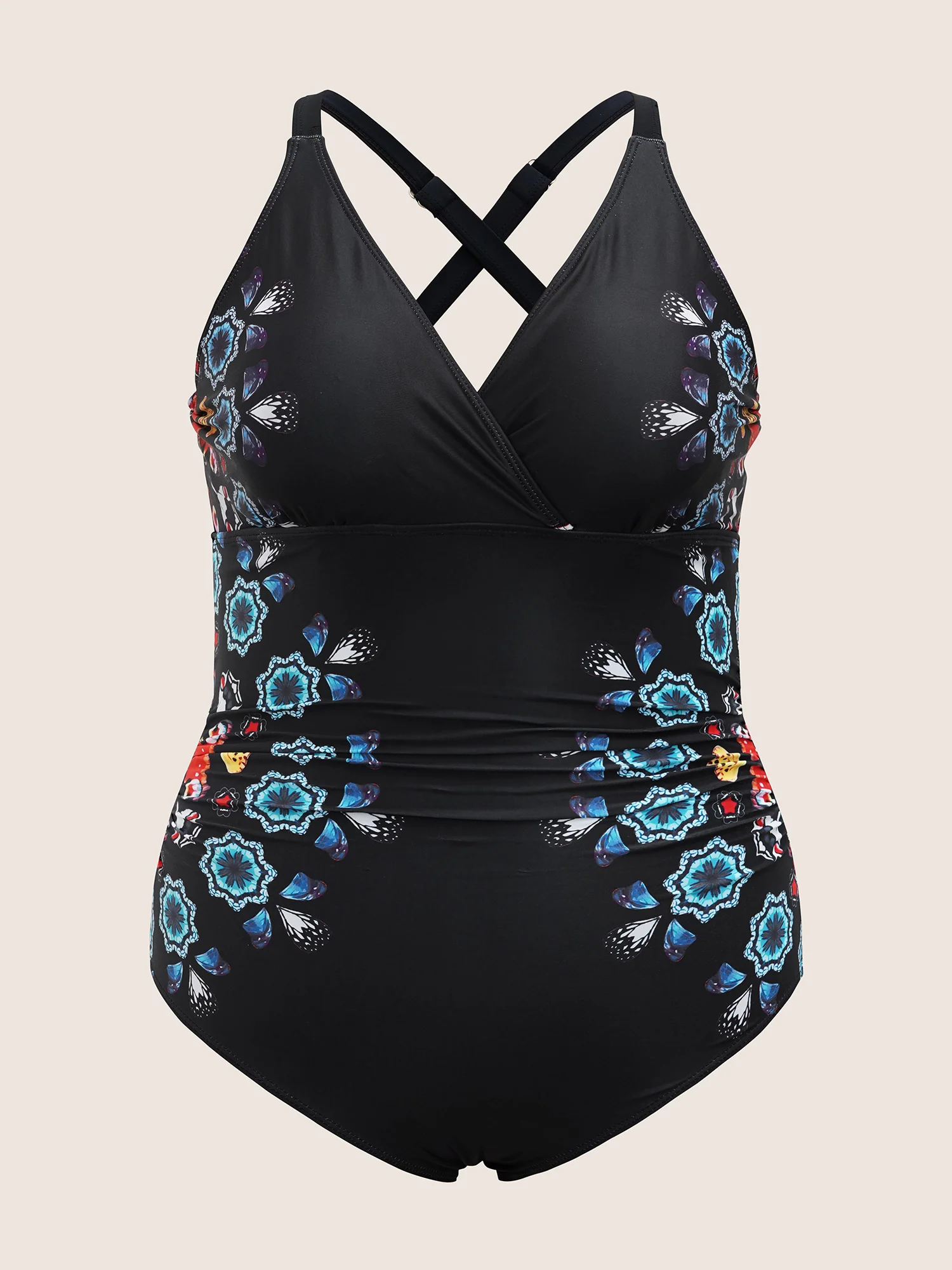 Overlap Collar Boho Print Gathered One Piece Swimsuit - Image 7