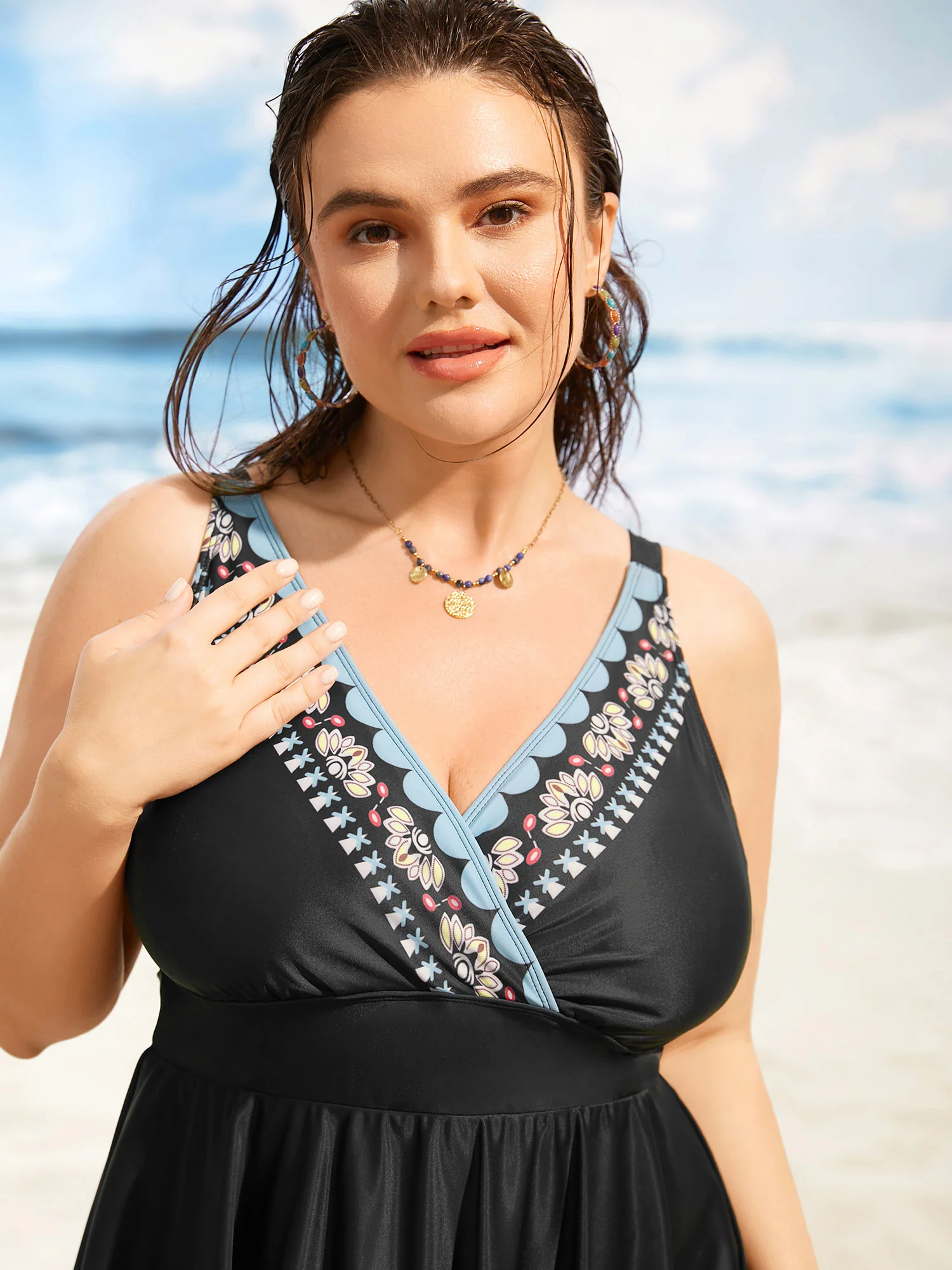 Overlap Collar Boho Print Hanky Hem Swim Dress - Image 4