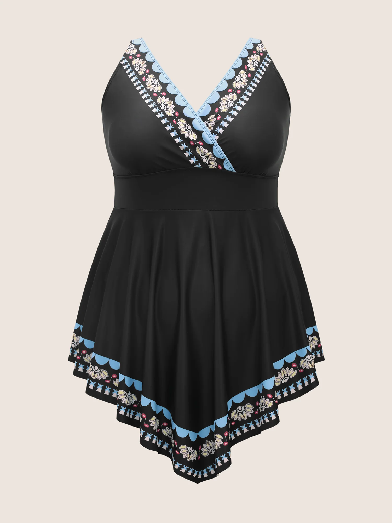 Overlap Collar Boho Print Hanky Hem Swim Dress - Image 7