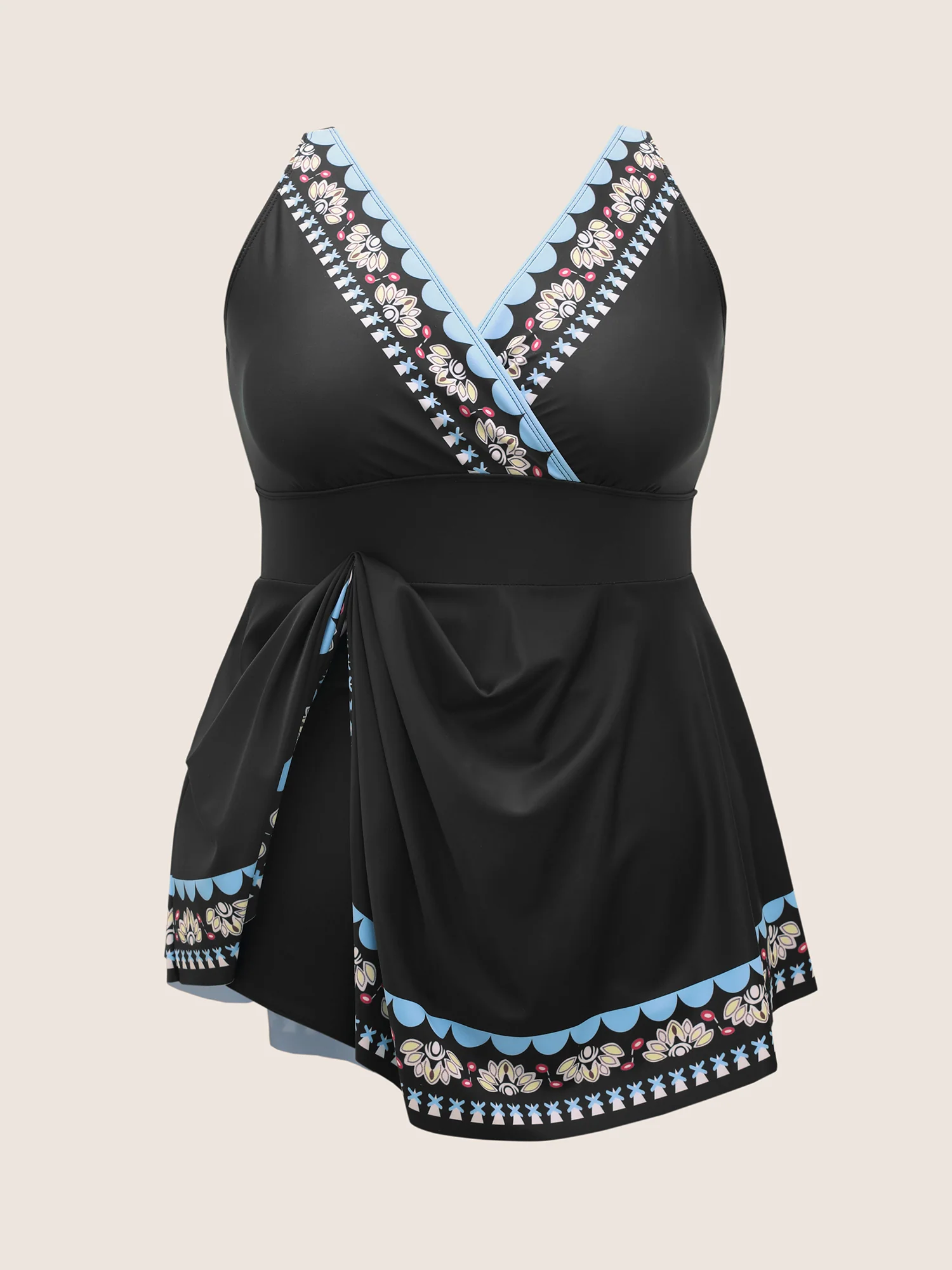 Overlap Collar Boho Print Hanky Hem Swim Dress - Image 8