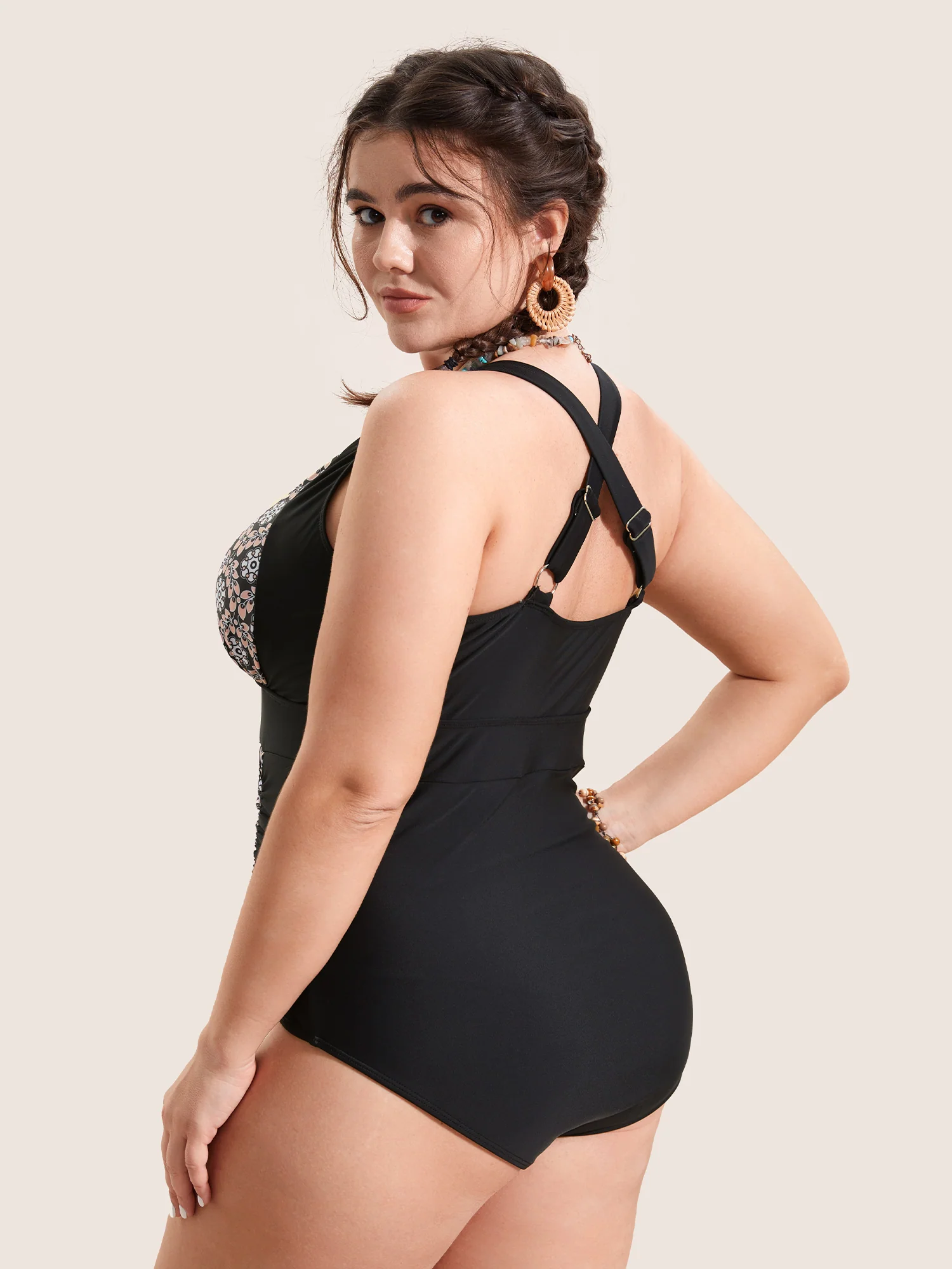 Overlap Collar Boho Print Patchwork One Piece Swimsuit - Image 2