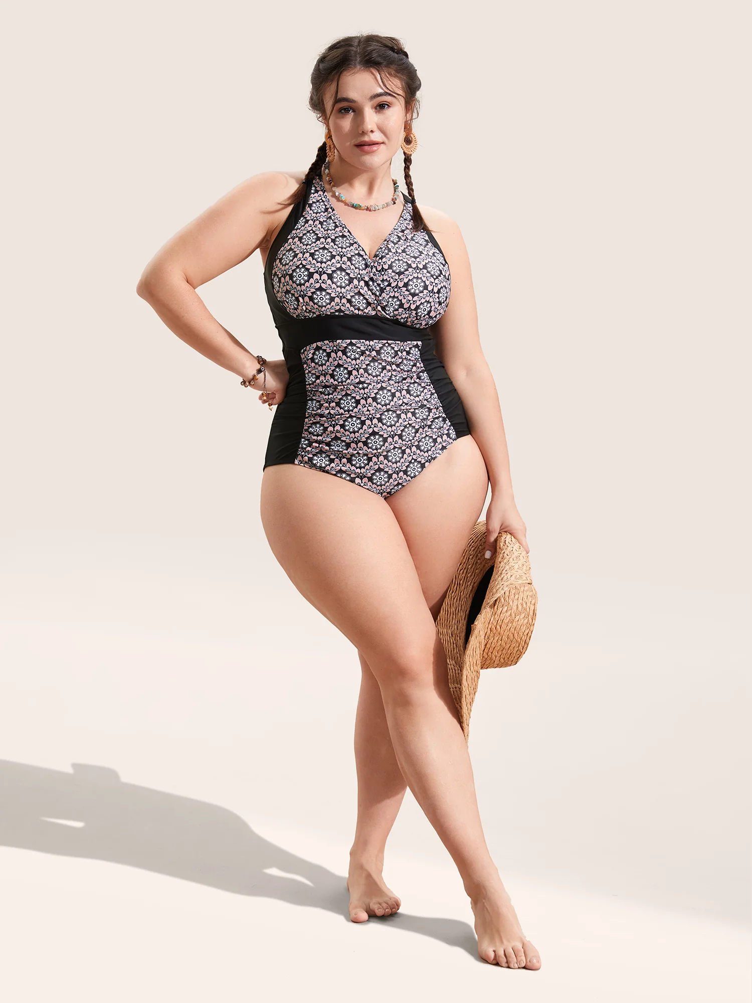 Overlap Collar Boho Print Patchwork One Piece Swimsuit - Image 3