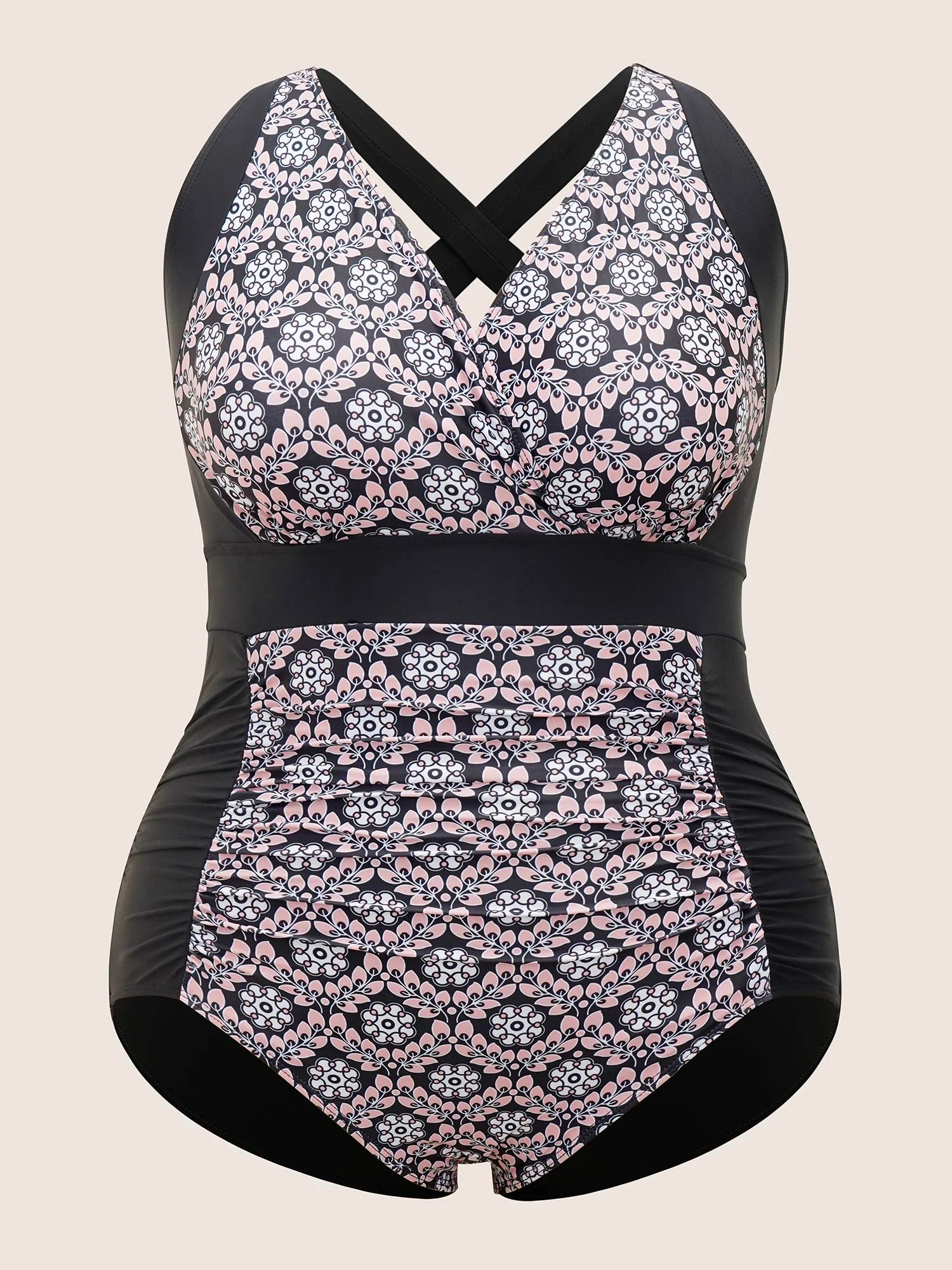 Overlap Collar Boho Print Patchwork One Piece Swimsuit - Image 6