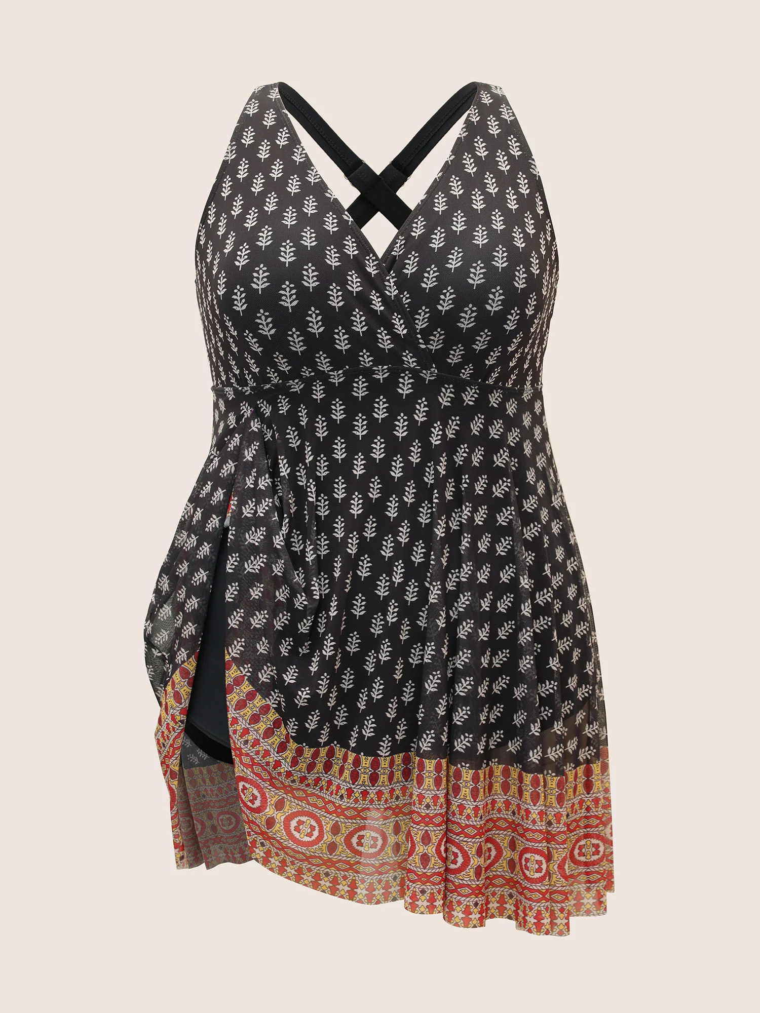 Overlap Collar Boho Print Patchwork Swim Dress - Image 11