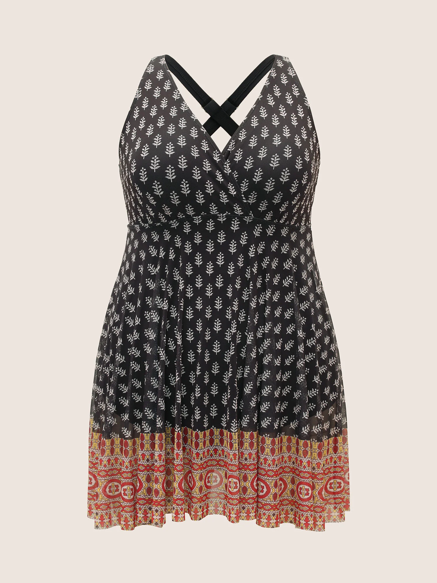 Overlap Collar Boho Print Patchwork Swim Dress - Image 12