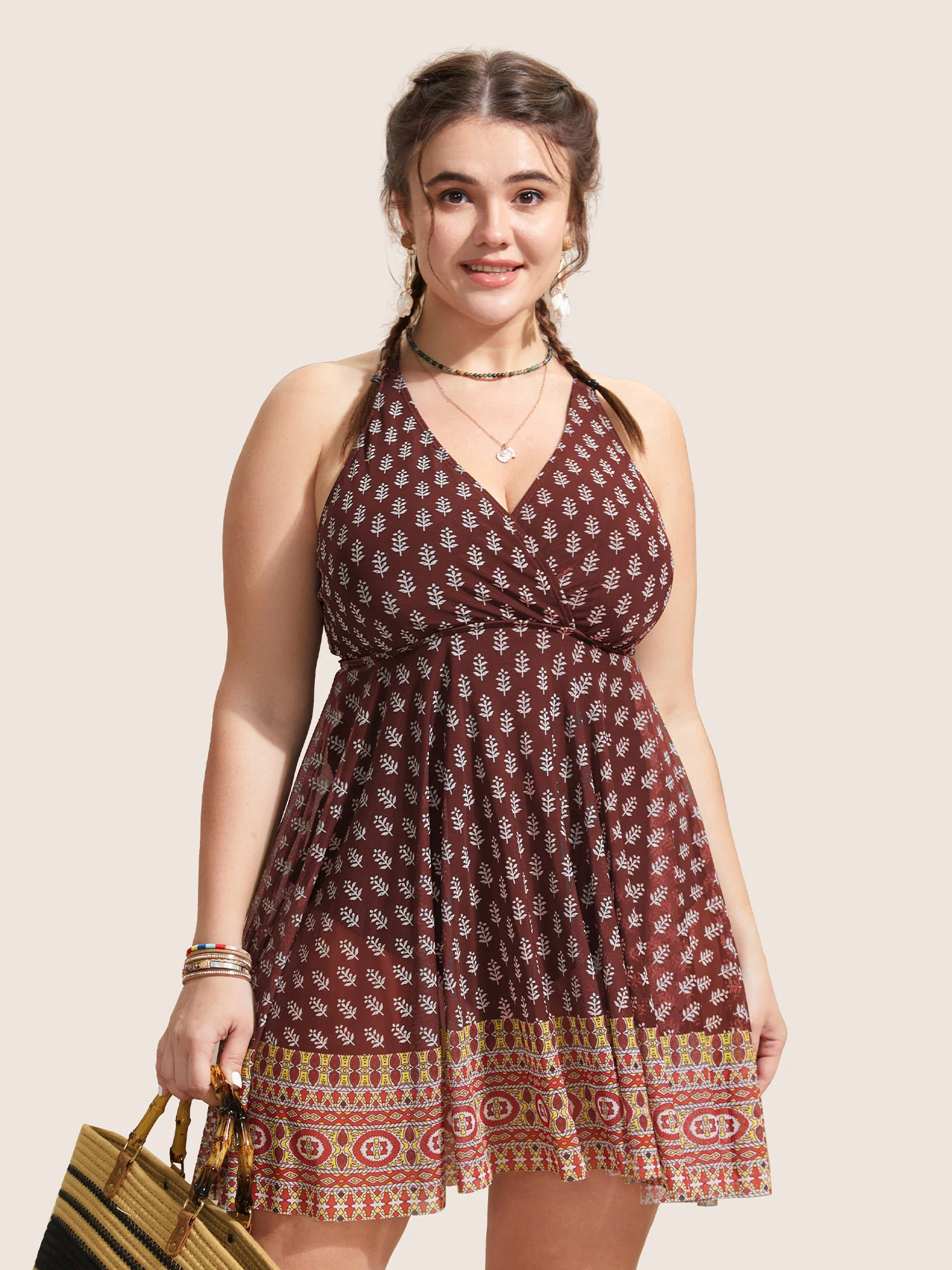 Overlap Collar Boho Print Patchwork Swim Dress - Image 13