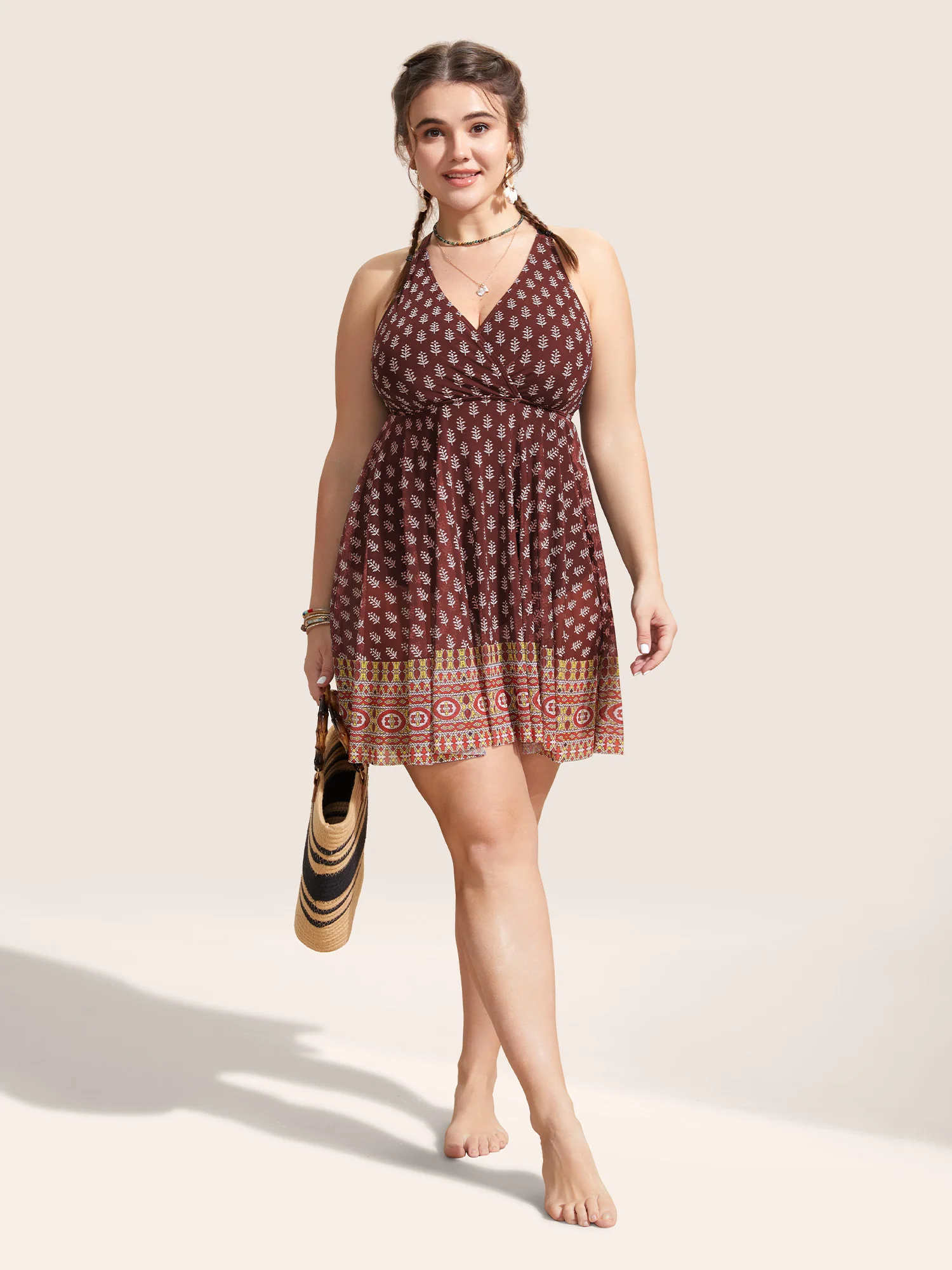 Overlap Collar Boho Print Patchwork Swim Dress - Image 15