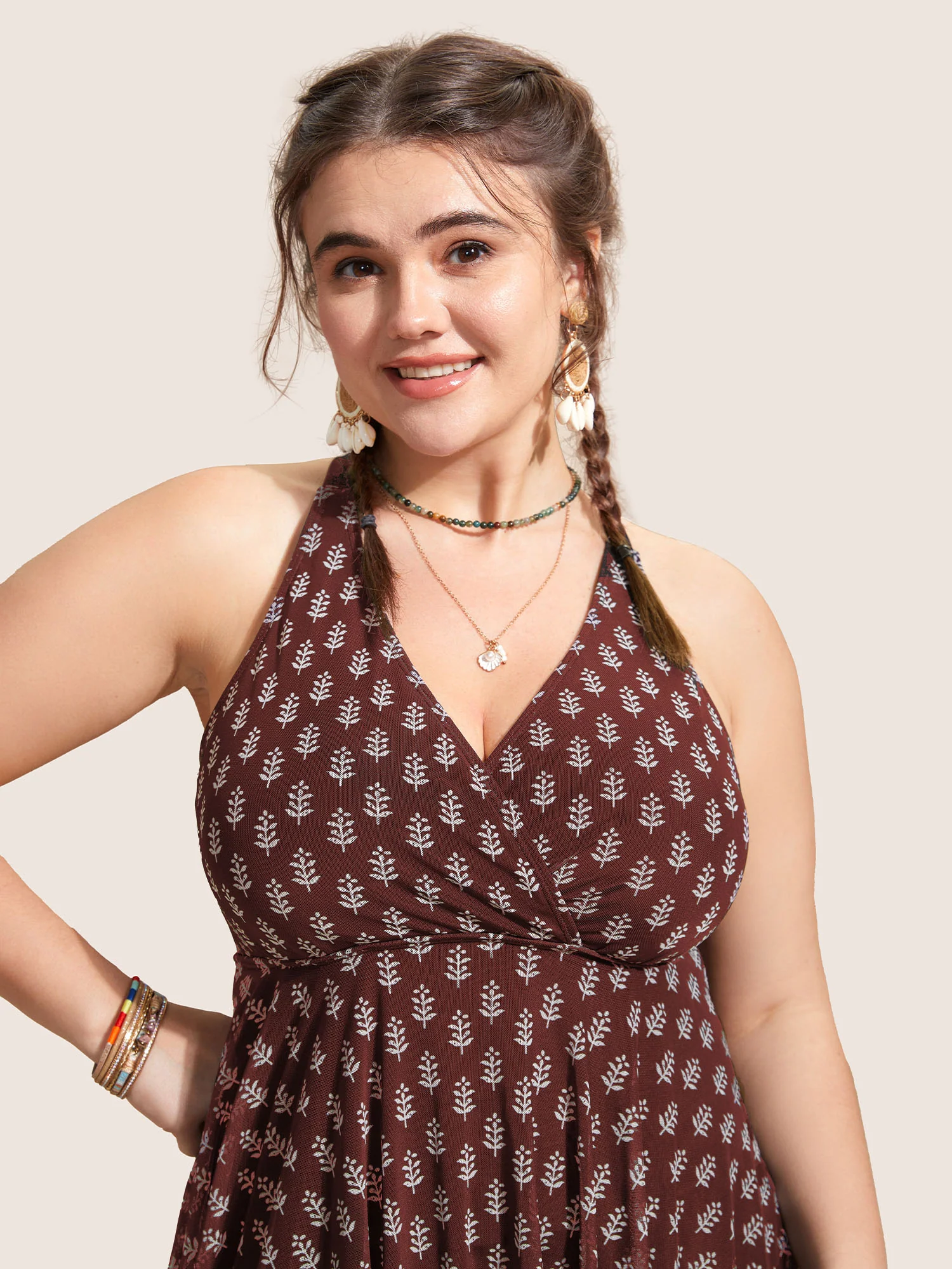 Overlap Collar Boho Print Patchwork Swim Dress - Image 16