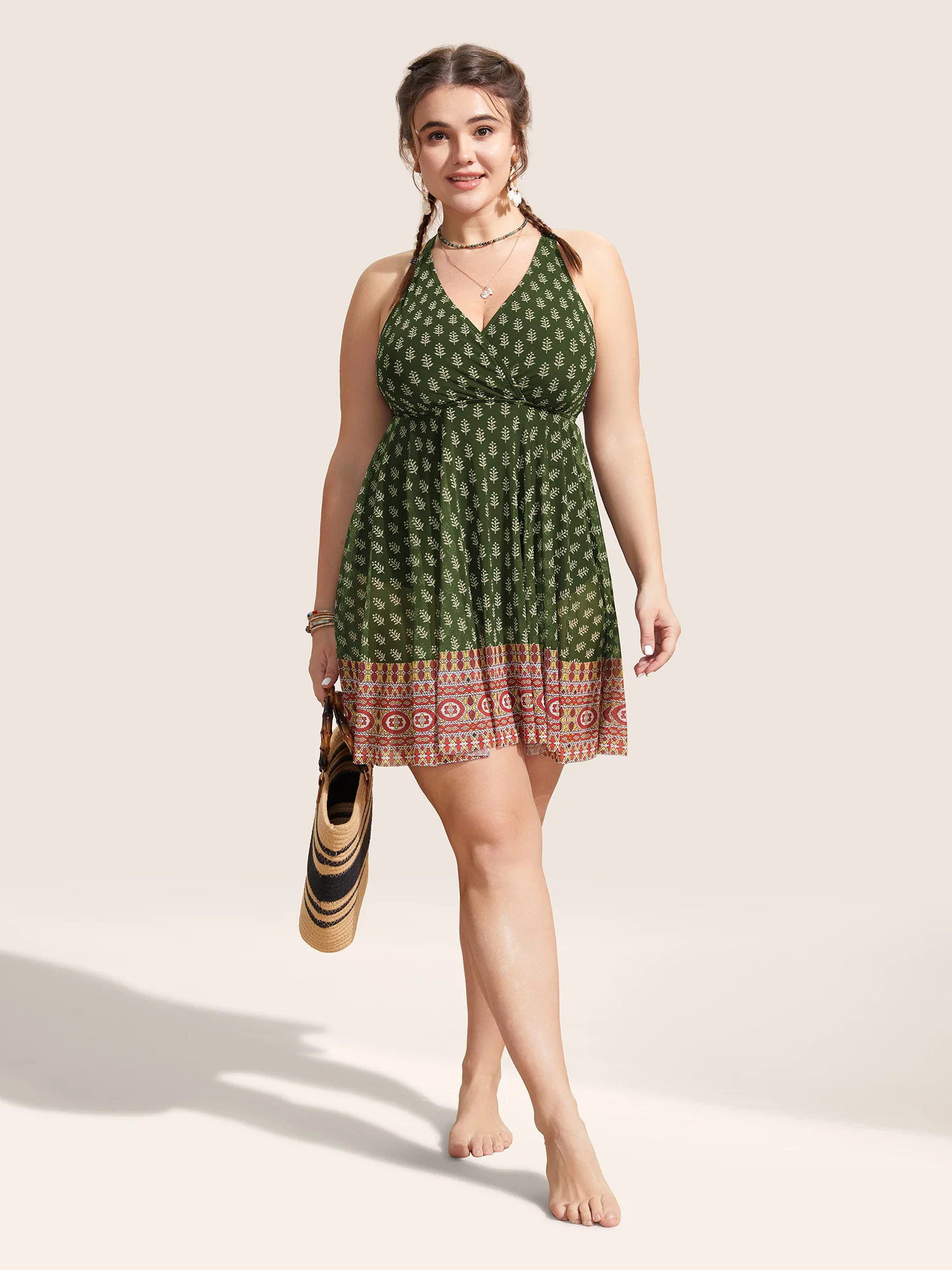 Overlap Collar Boho Print Patchwork Swim Dress - Image 3