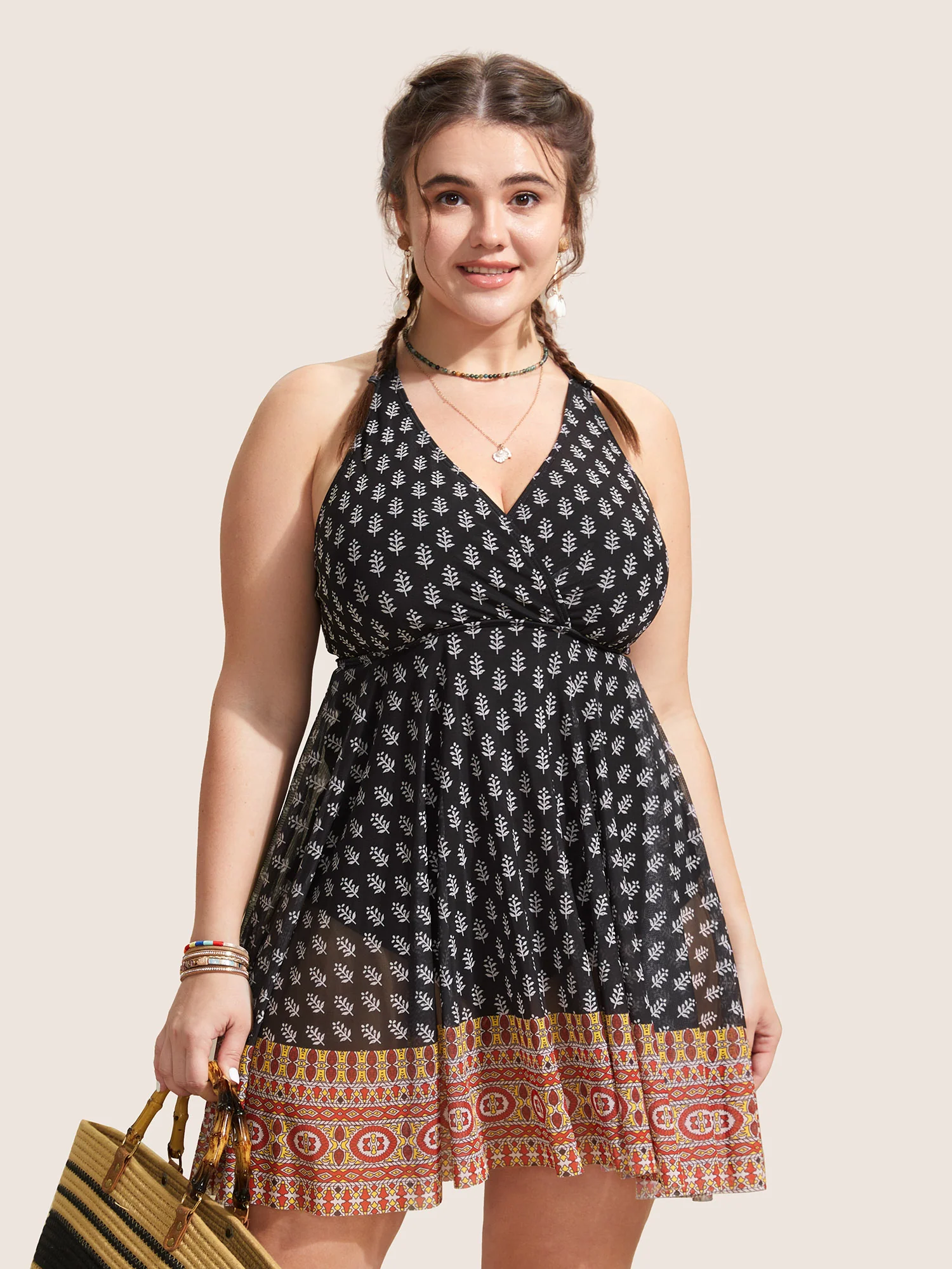 Overlap Collar Boho Print Patchwork Swim Dress - Image 5