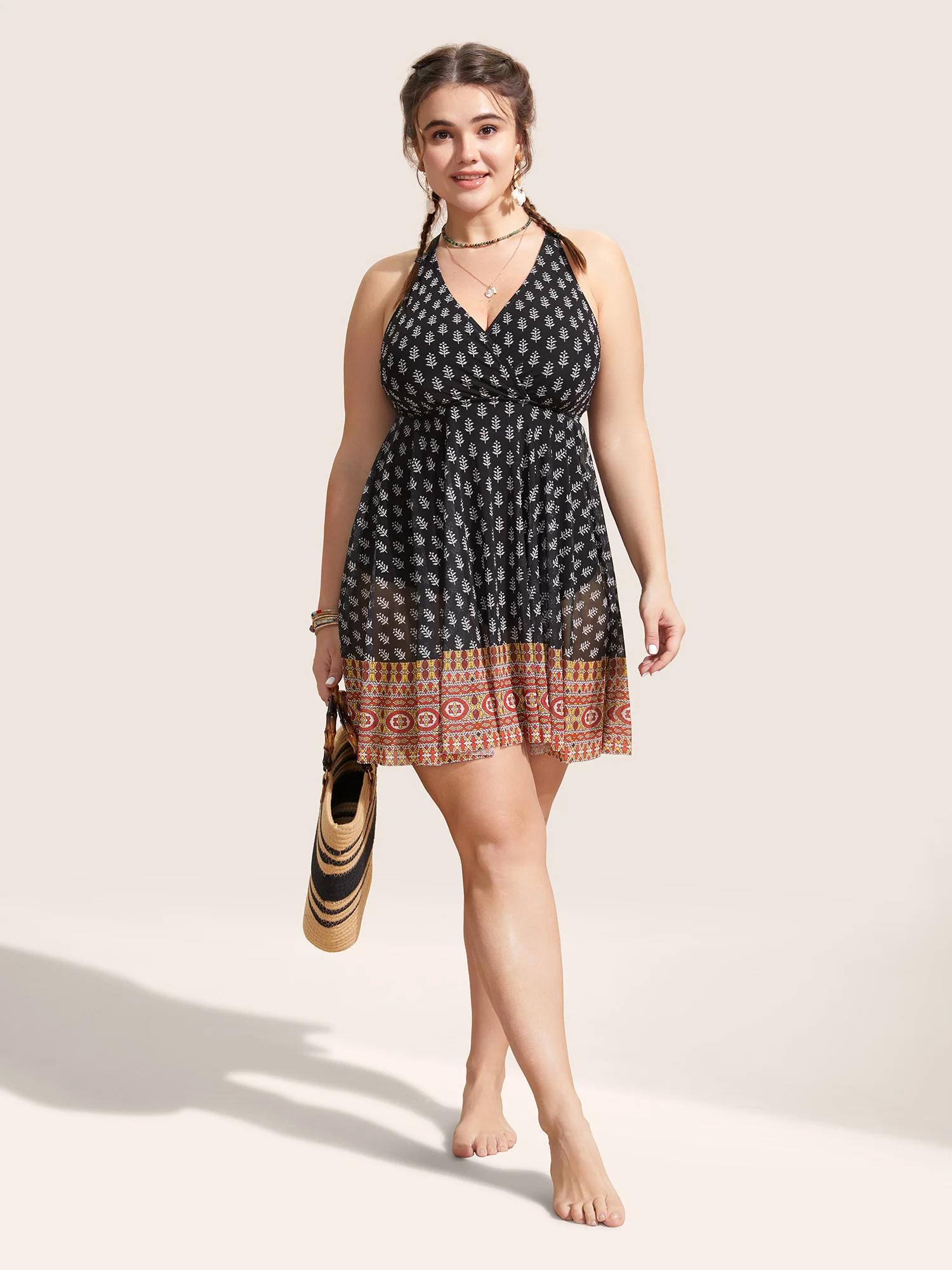 Overlap Collar Boho Print Patchwork Swim Dress - Image 7