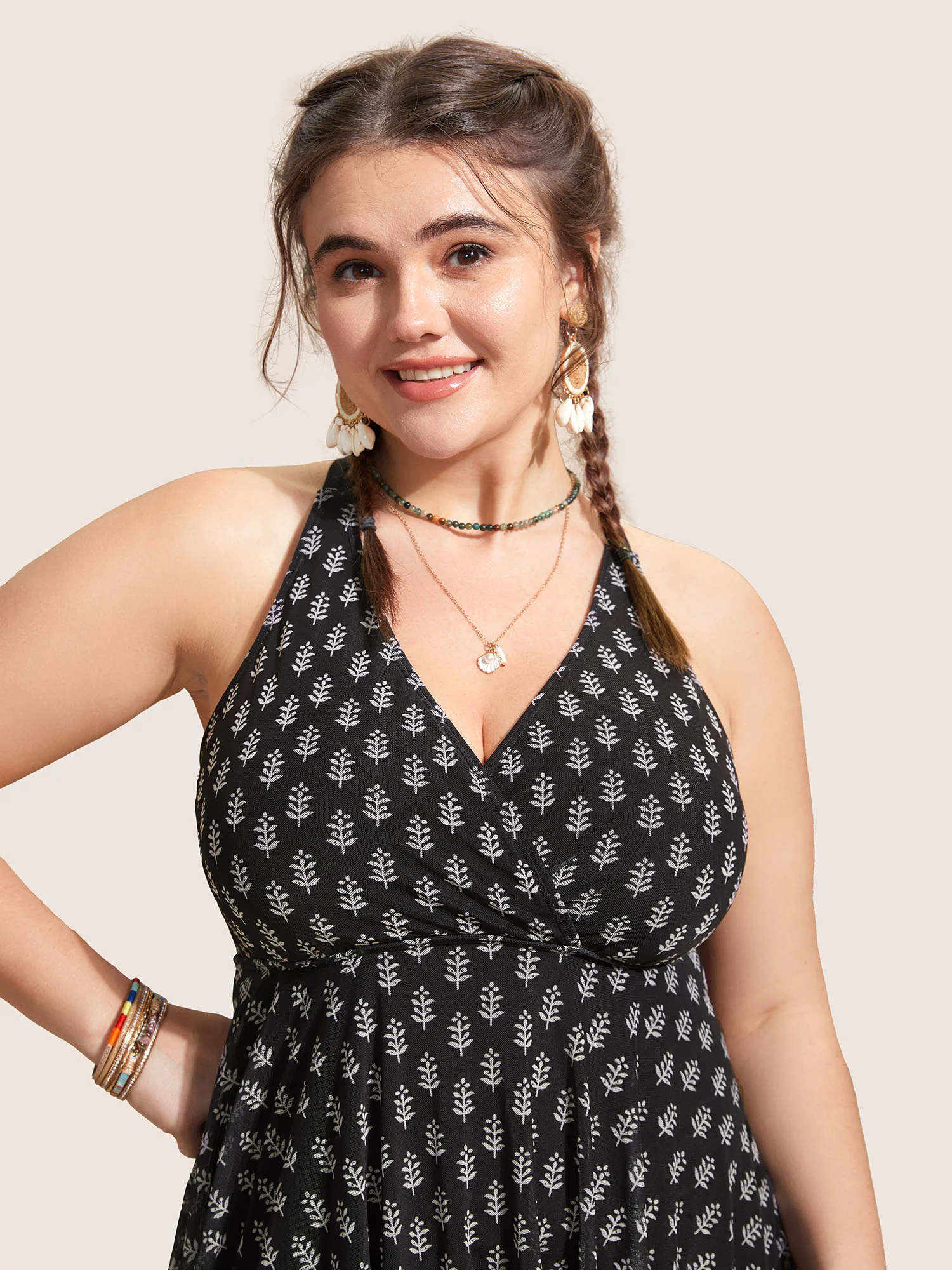 Overlap Collar Boho Print Patchwork Swim Dress - Image 8