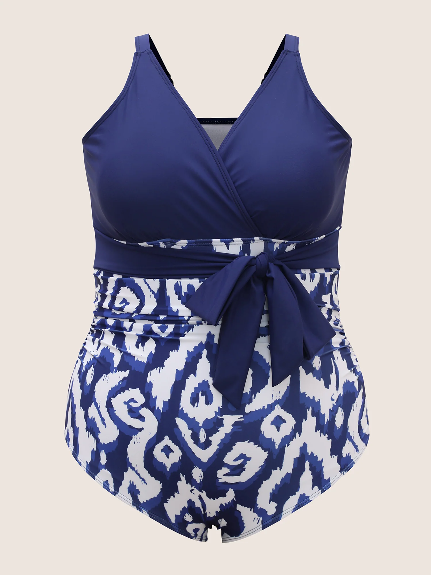 Overlap Collar Boho Print Tie Knot One Piece Swimsuit - Image 7
