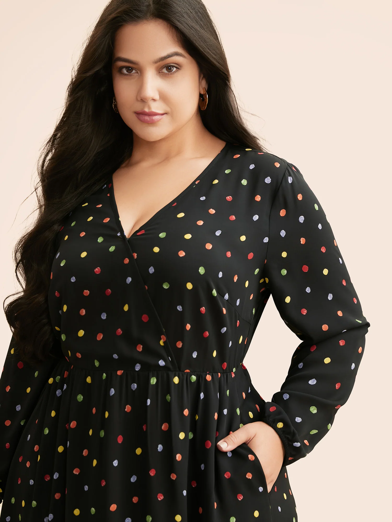 Overlap Collar Color Polka Dot Dress - Image 2