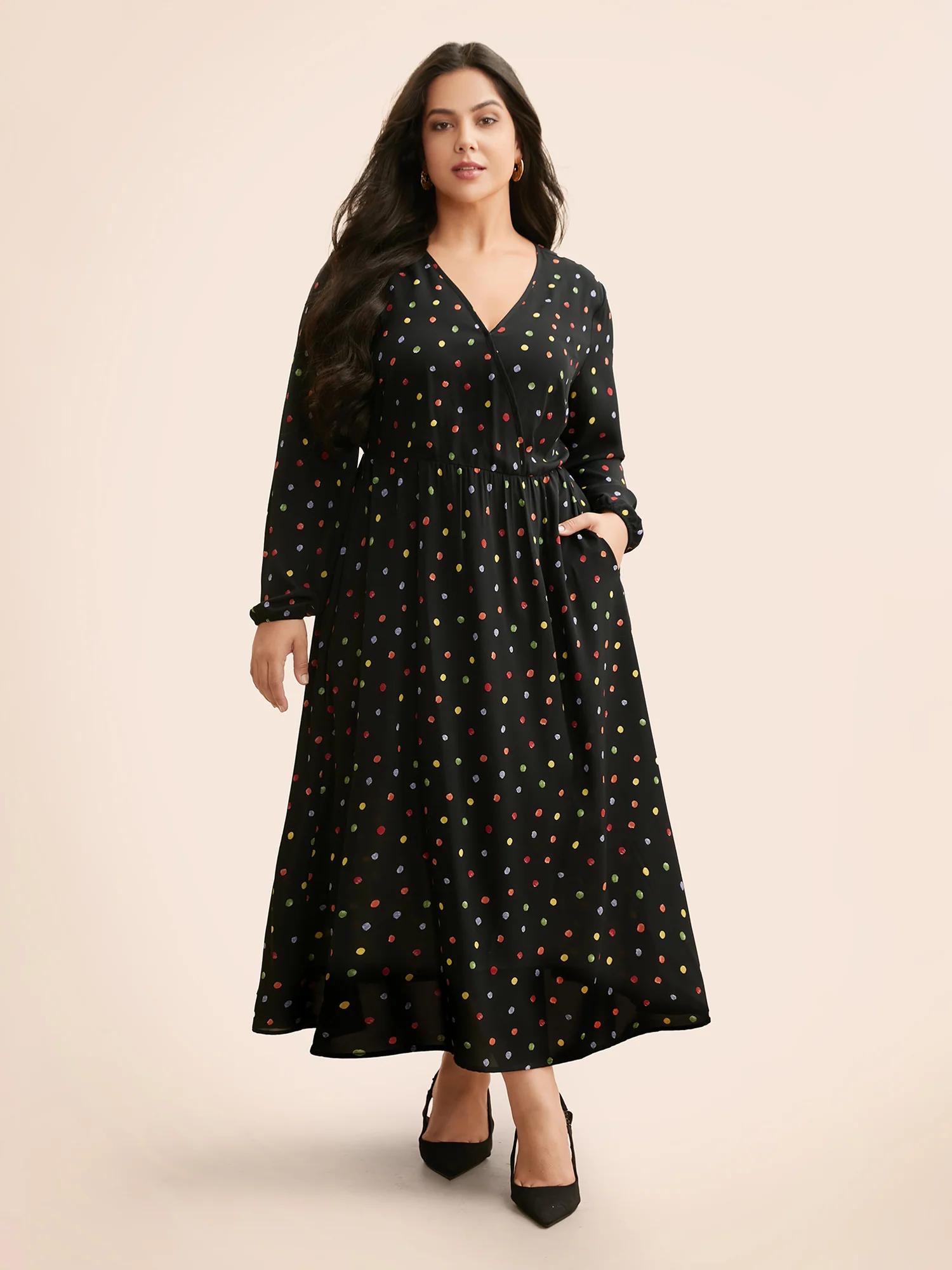 Overlap Collar Color Polka Dot Dress - Image 3