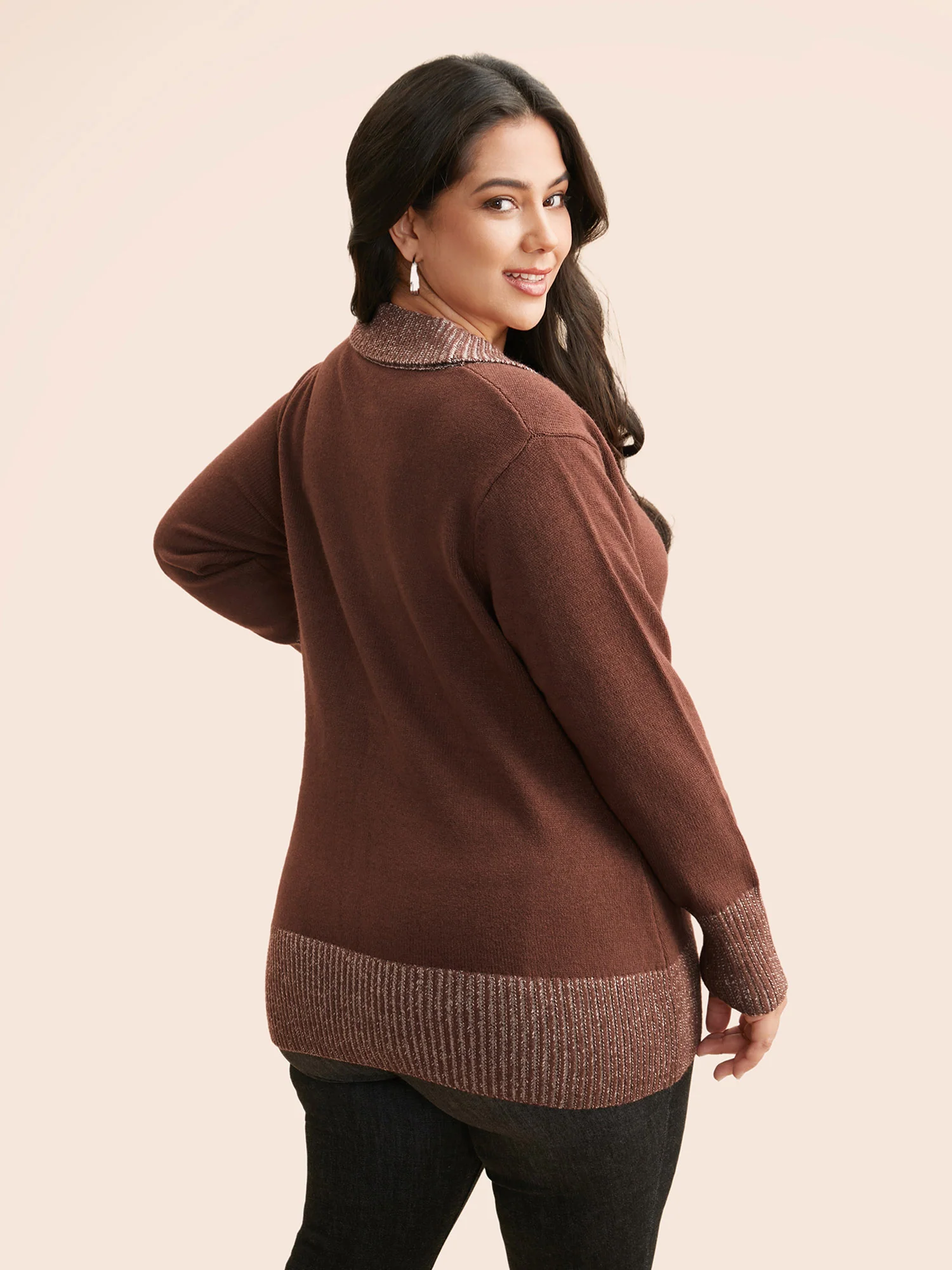 Overlap Collar Contrast Button Detail Pullover - Image 2