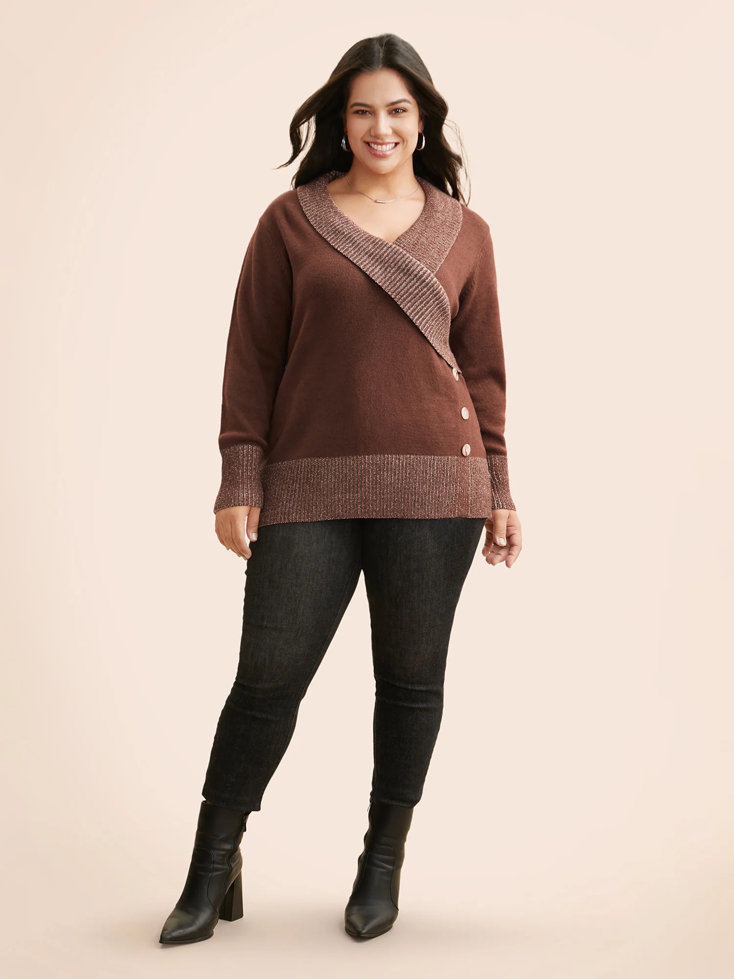 Overlap Collar Contrast Button Detail Pullover - Image 3