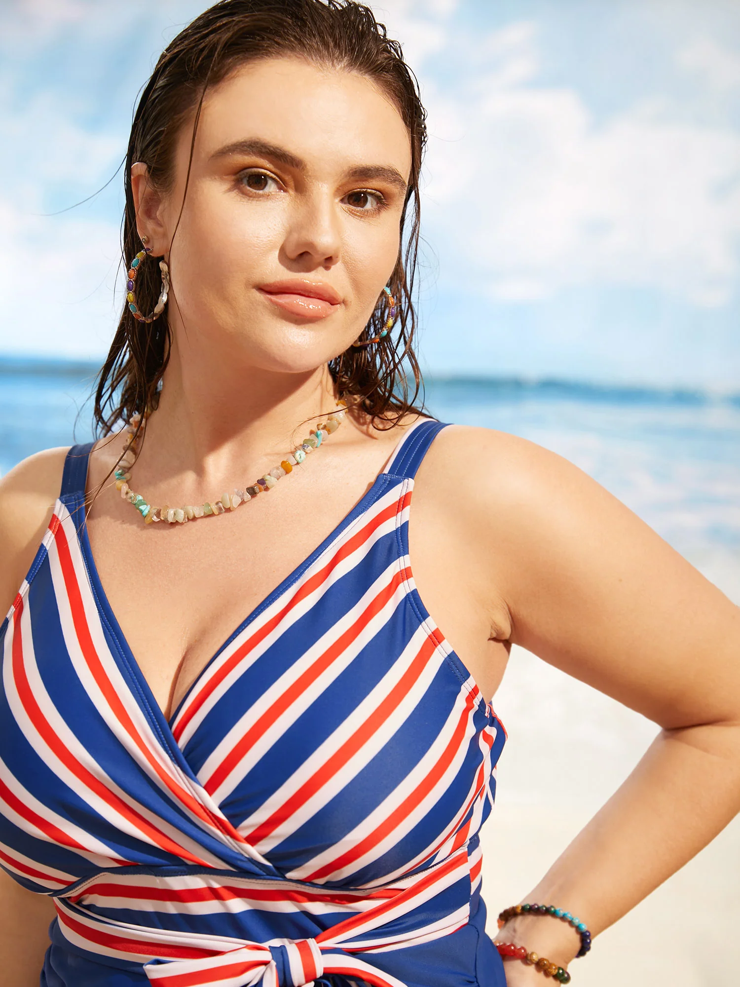 Overlap Collar Contrast Striped Tie knot One Piece Swimsuit - Image 4