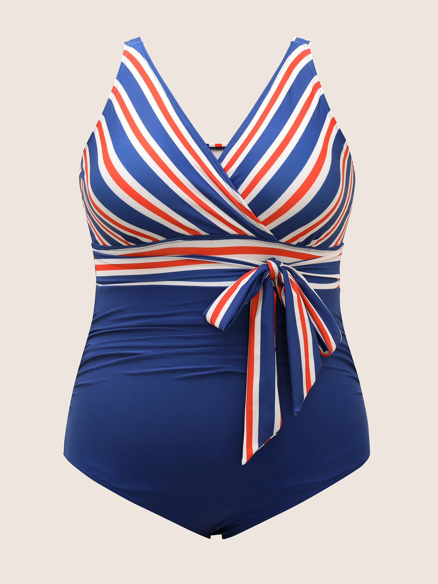 Overlap Collar Contrast Striped Tie knot One Piece Swimsuit - Image 7