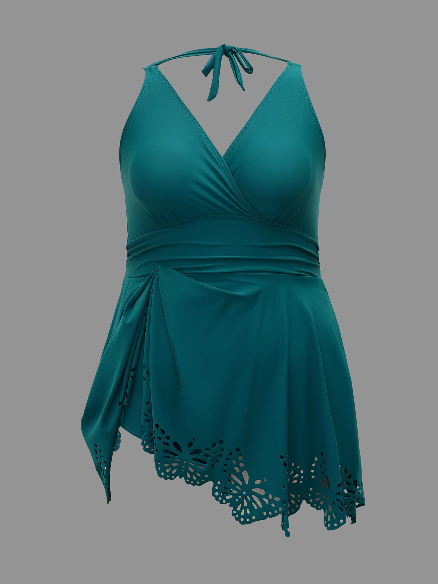 Laser Cut Overlap Collar Waist-Cinched Swim Dress - Image 10