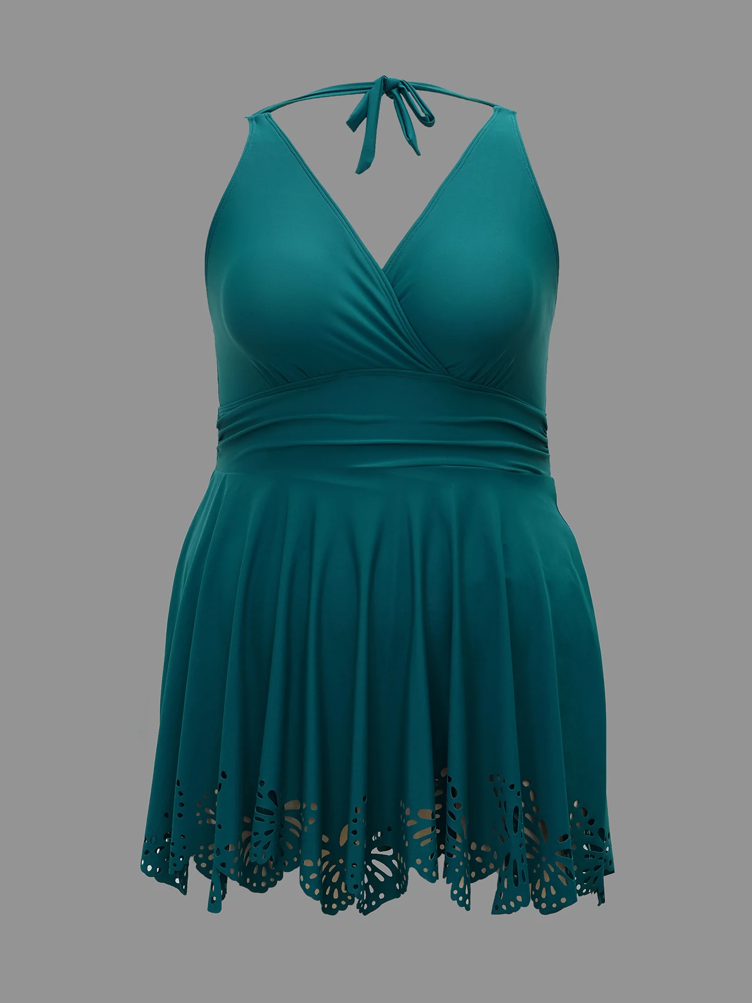 Laser Cut Overlap Collar Waist-Cinched Swim Dress - Image 9