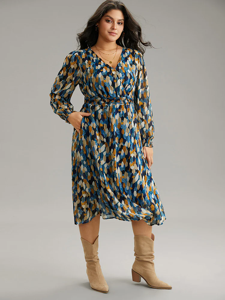 Overlap Collar Feather Shirred Pocket Dress - Image 3