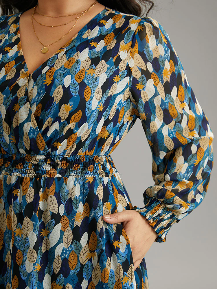 Overlap Collar Feather Shirred Pocket Dress - Image 4