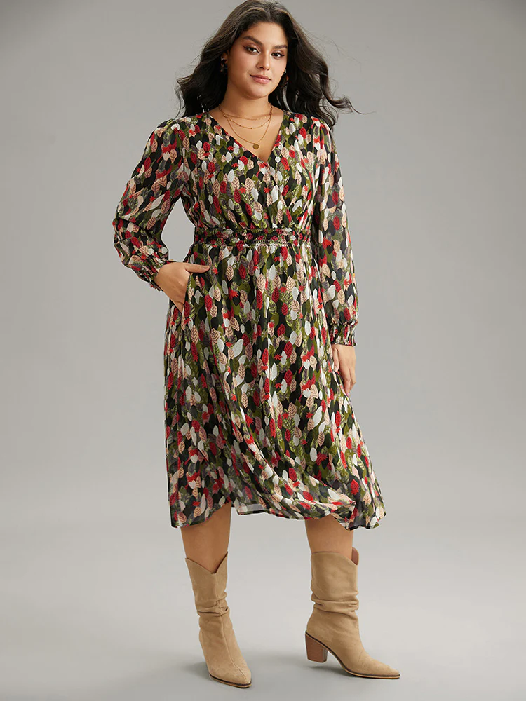 Overlap Collar Feather Shirred Pocket Dress - Image 8