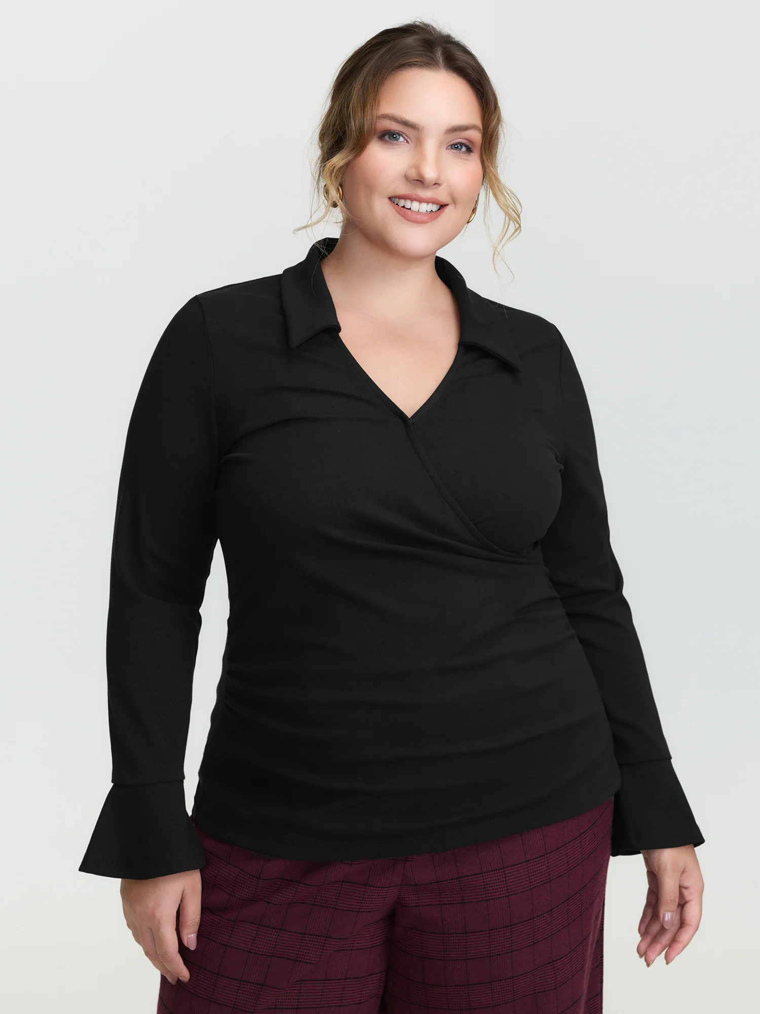 Overlap Collar Flared Sleeve Plain Knit Top