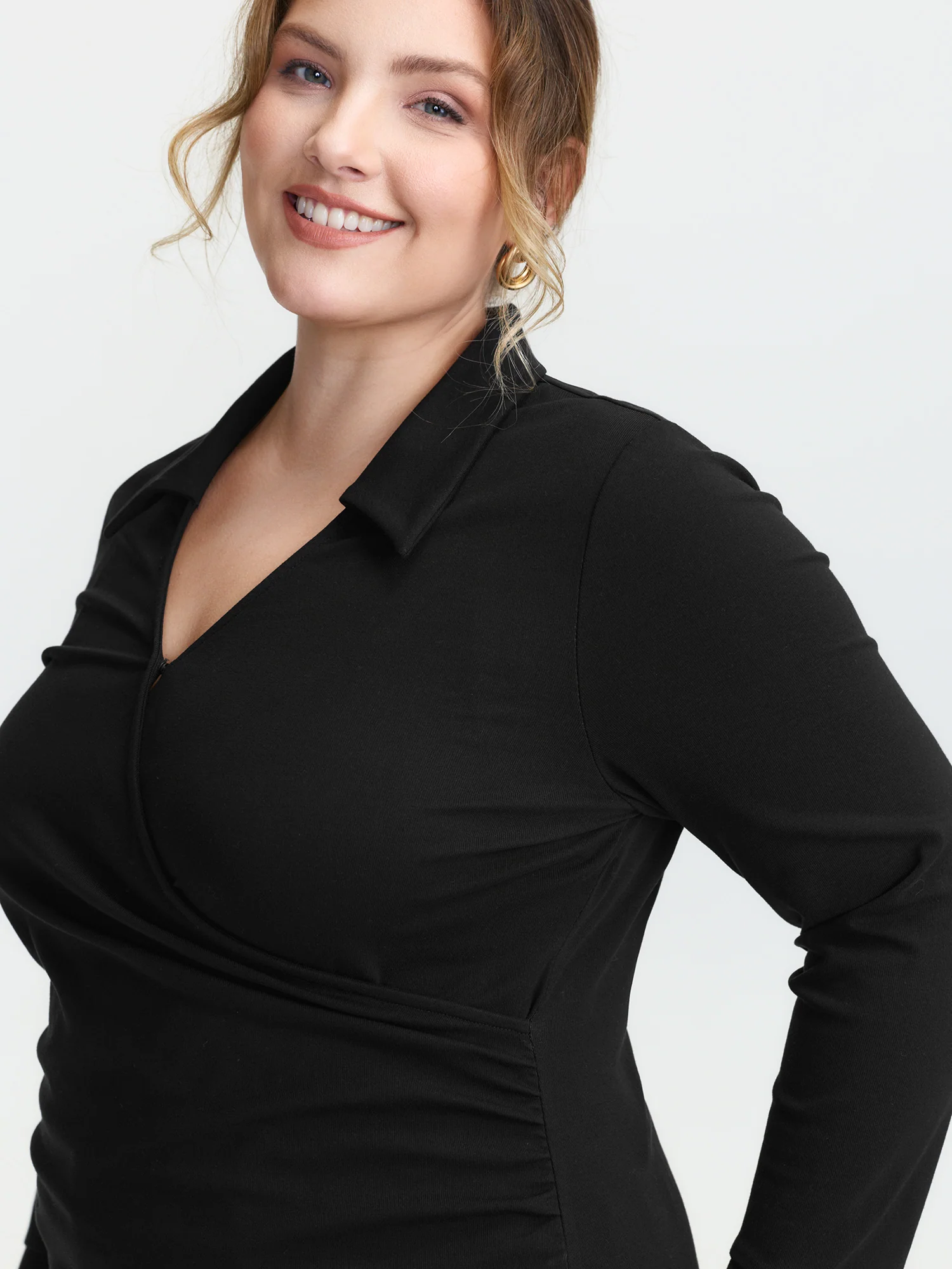 Overlap Collar Flared Sleeve Plain Knit Top - Image 2