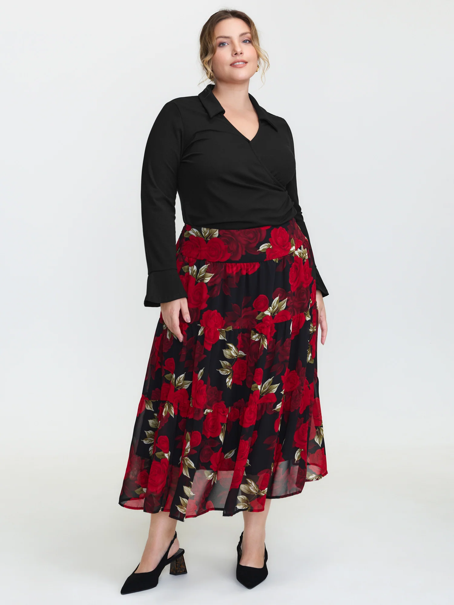 Overlap Collar Flared Sleeve Plain Knit Top - Image 3