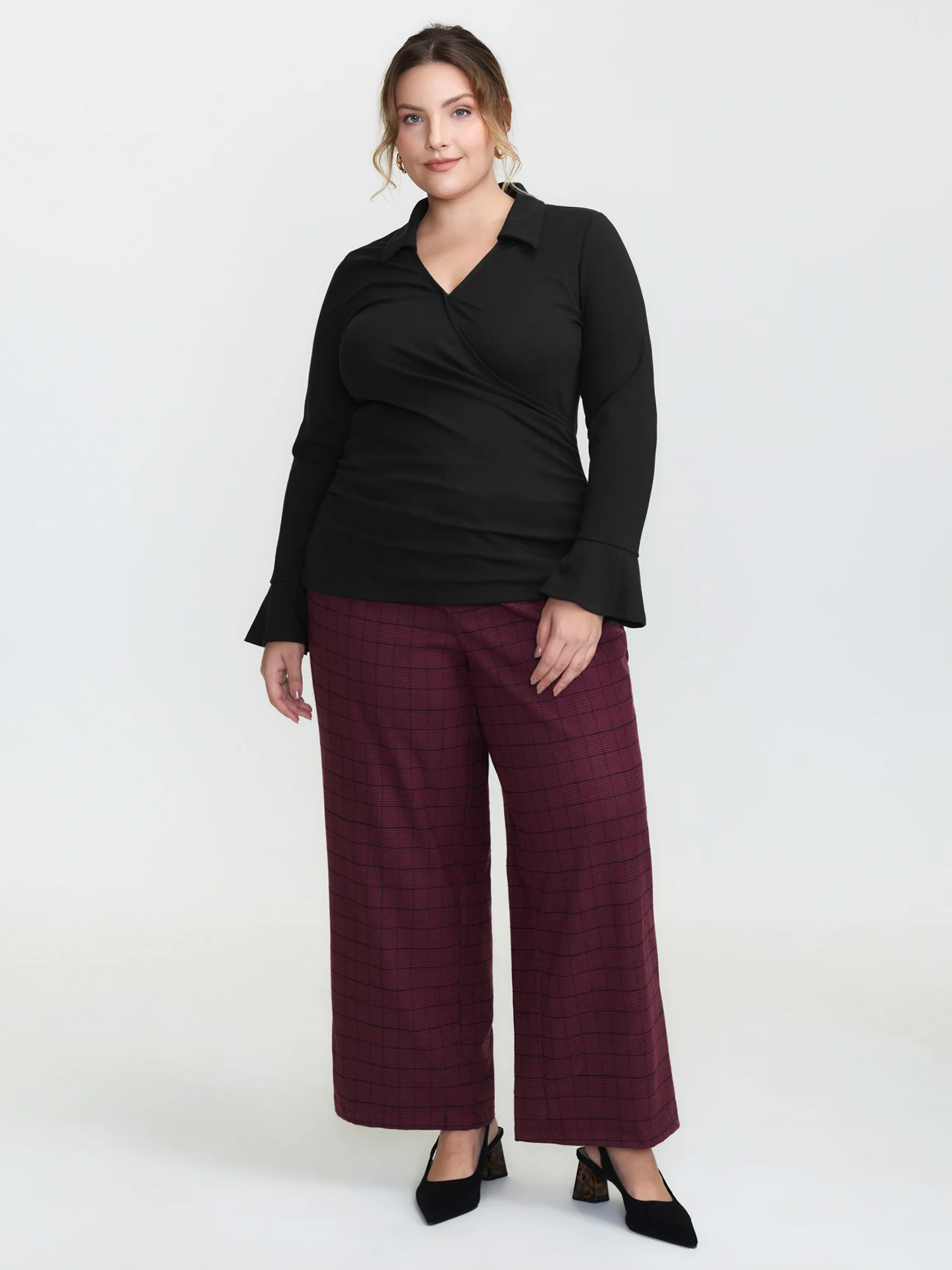 Overlap Collar Flared Sleeve Plain Knit Top - Image 4
