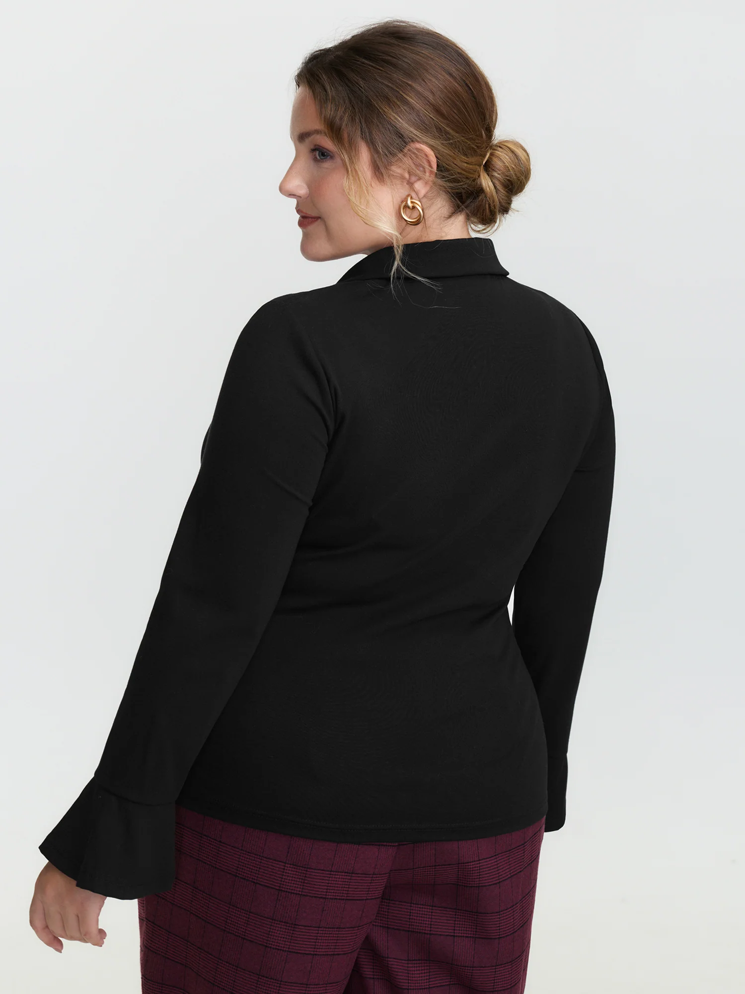 Overlap Collar Flared Sleeve Plain Knit Top - Image 5