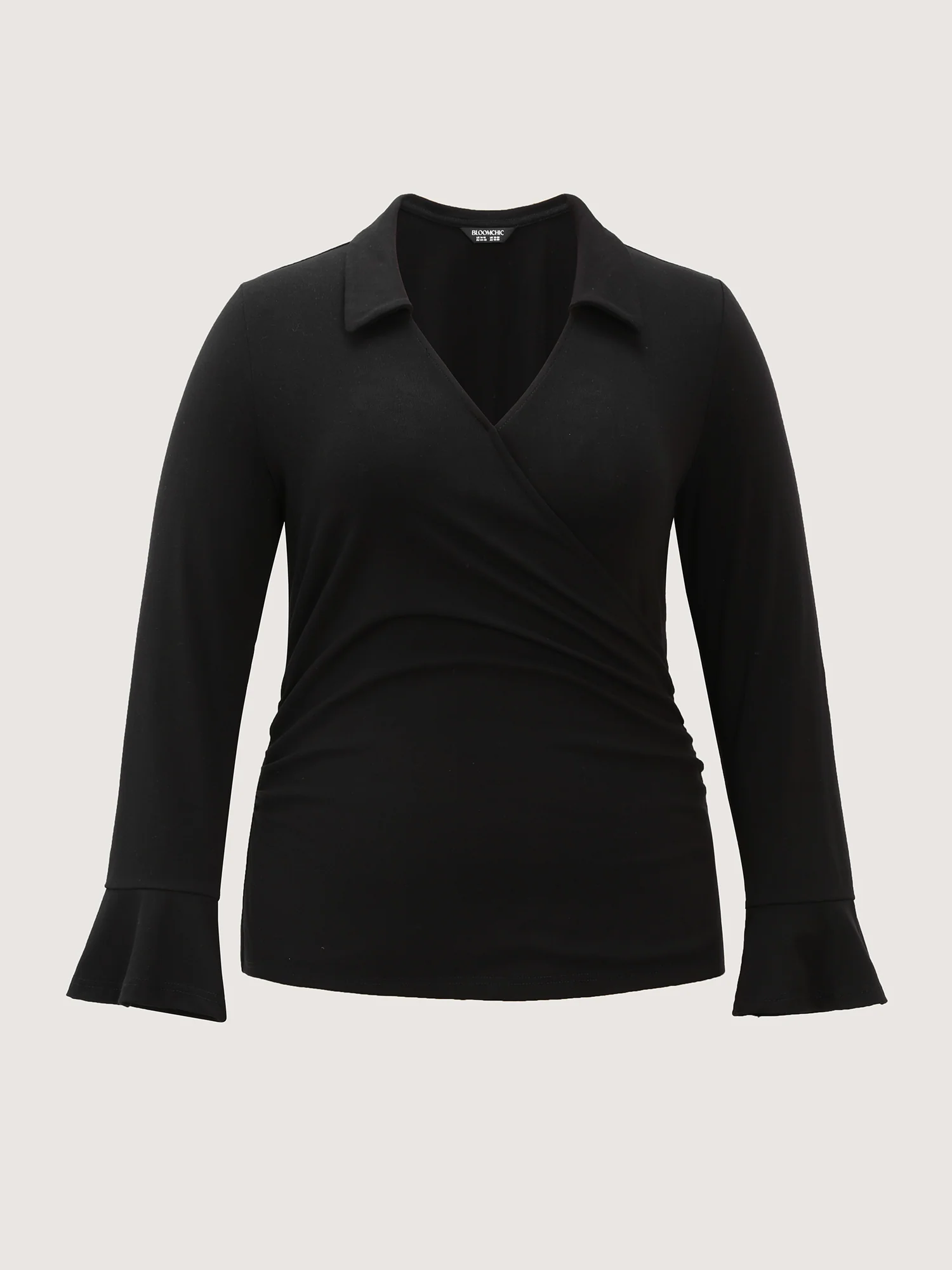 Overlap Collar Flared Sleeve Plain Knit Top - Image 8