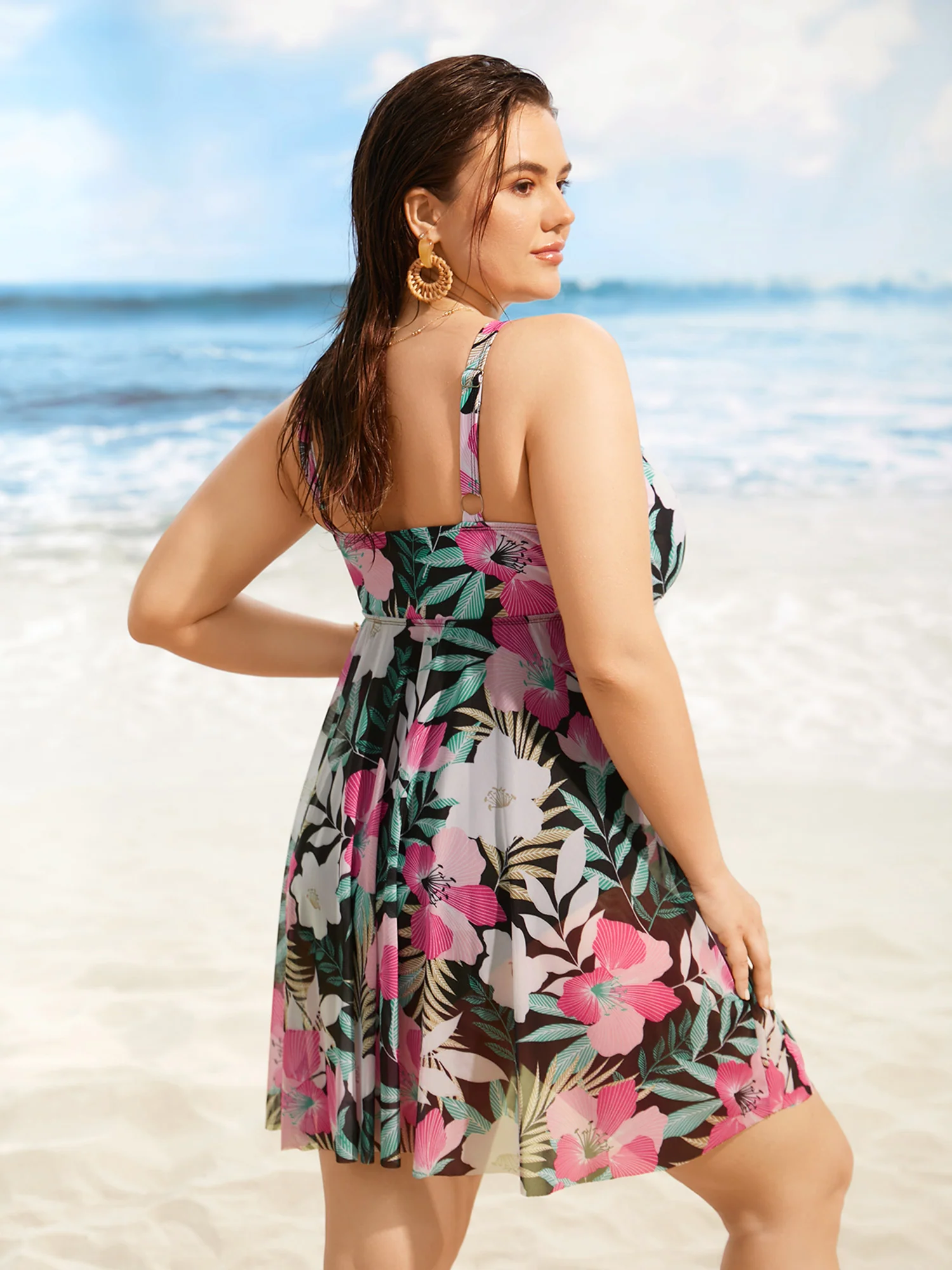 Overlap Collar Floral Mesh Patchwork Swim Dress - Image 2
