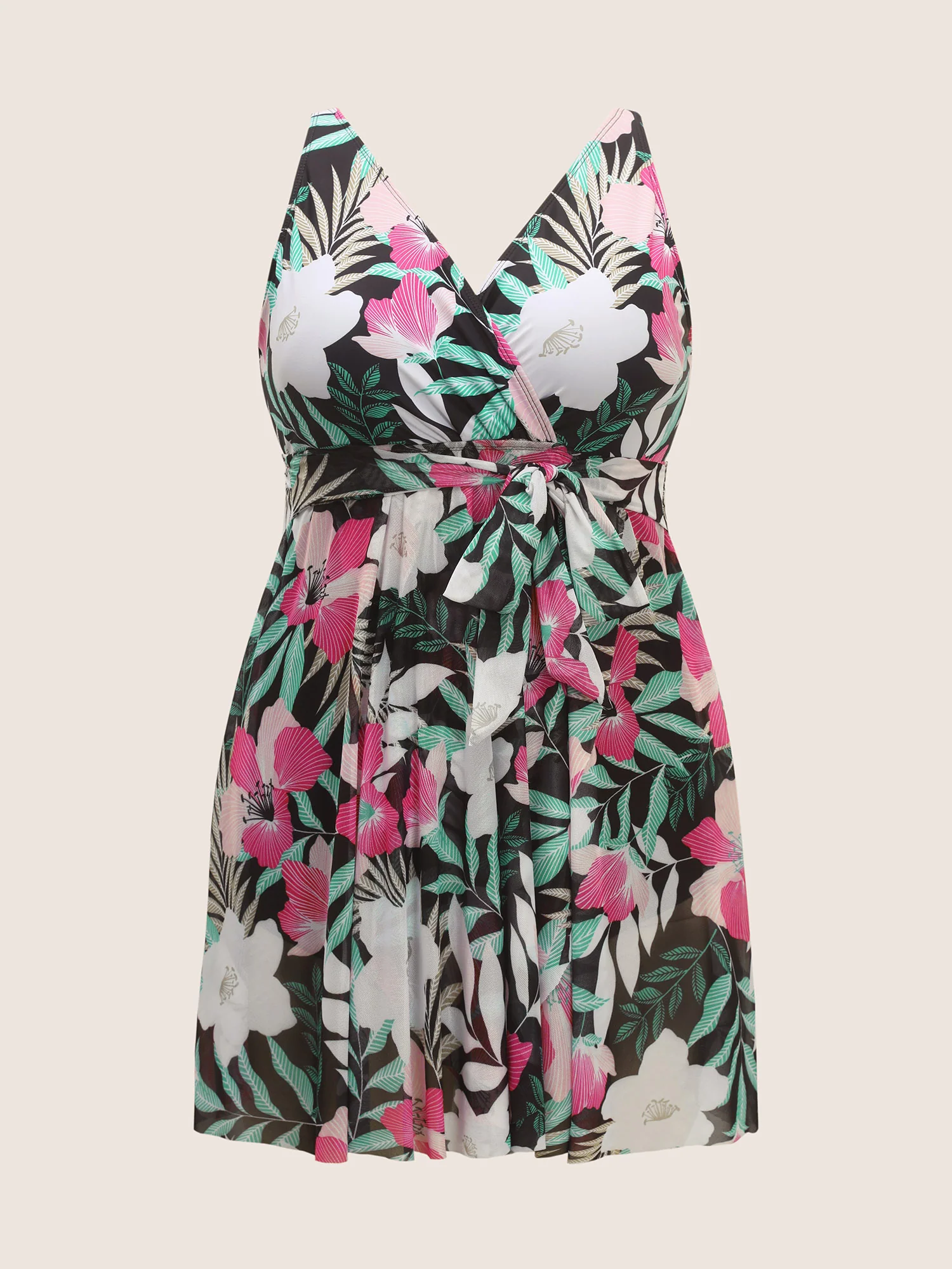 Overlap Collar Floral Mesh Patchwork Swim Dress - Image 7